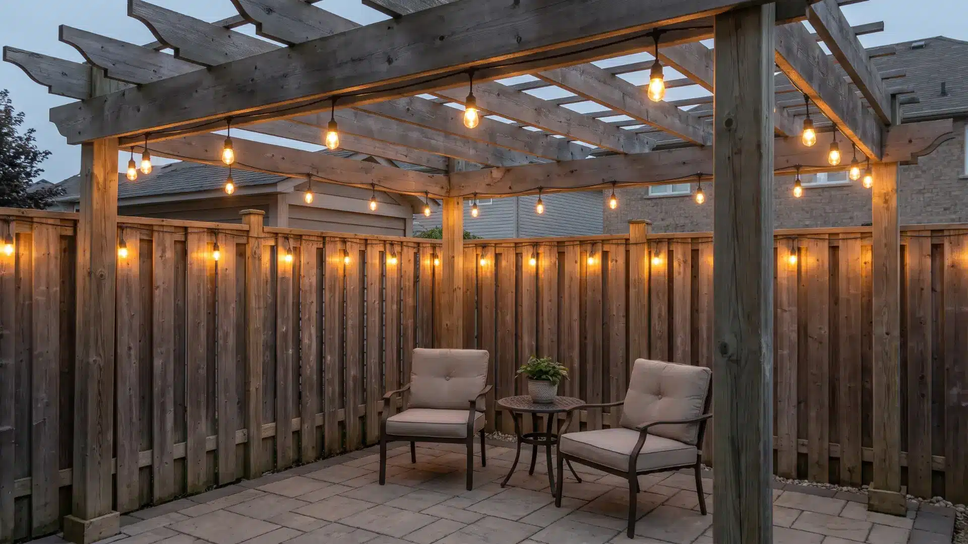 String lights secured overhead above a compact patio seating area