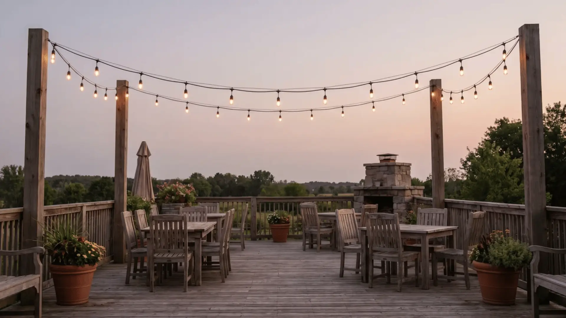 String lights with slight sag suspended above a patio seating area