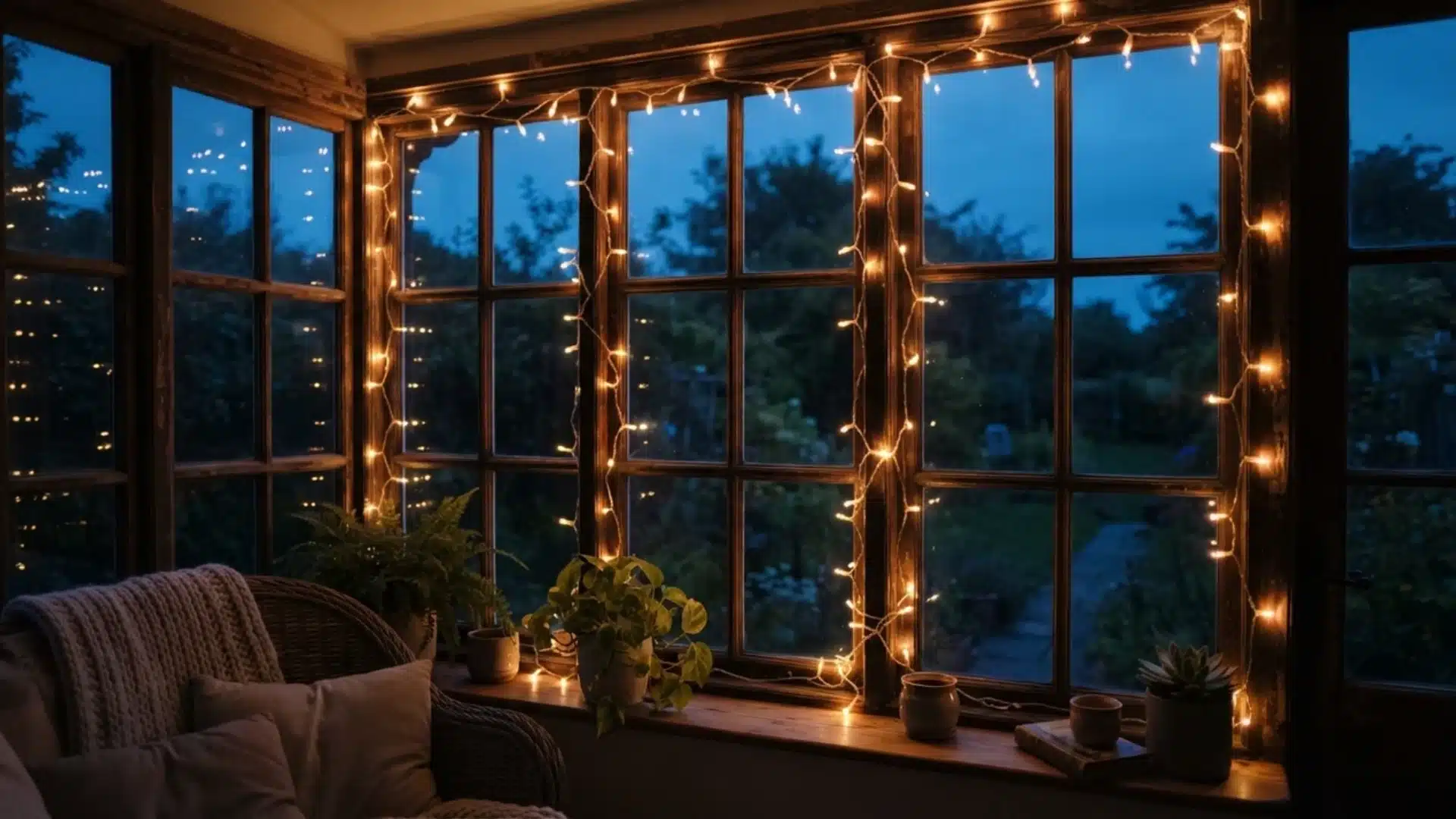 warm string lights wrapped around a sunroom window frame