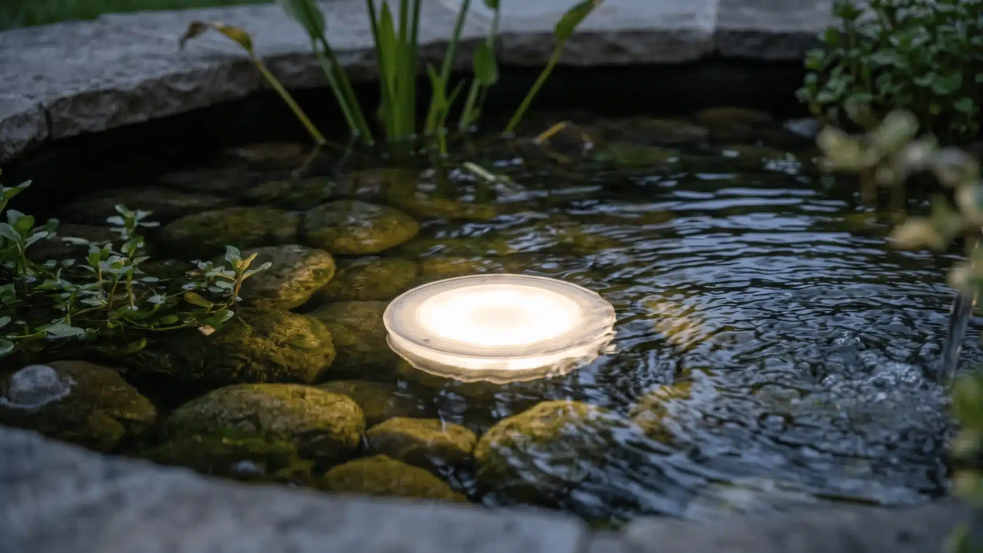 Submersible light beneath the surface of a small water feature