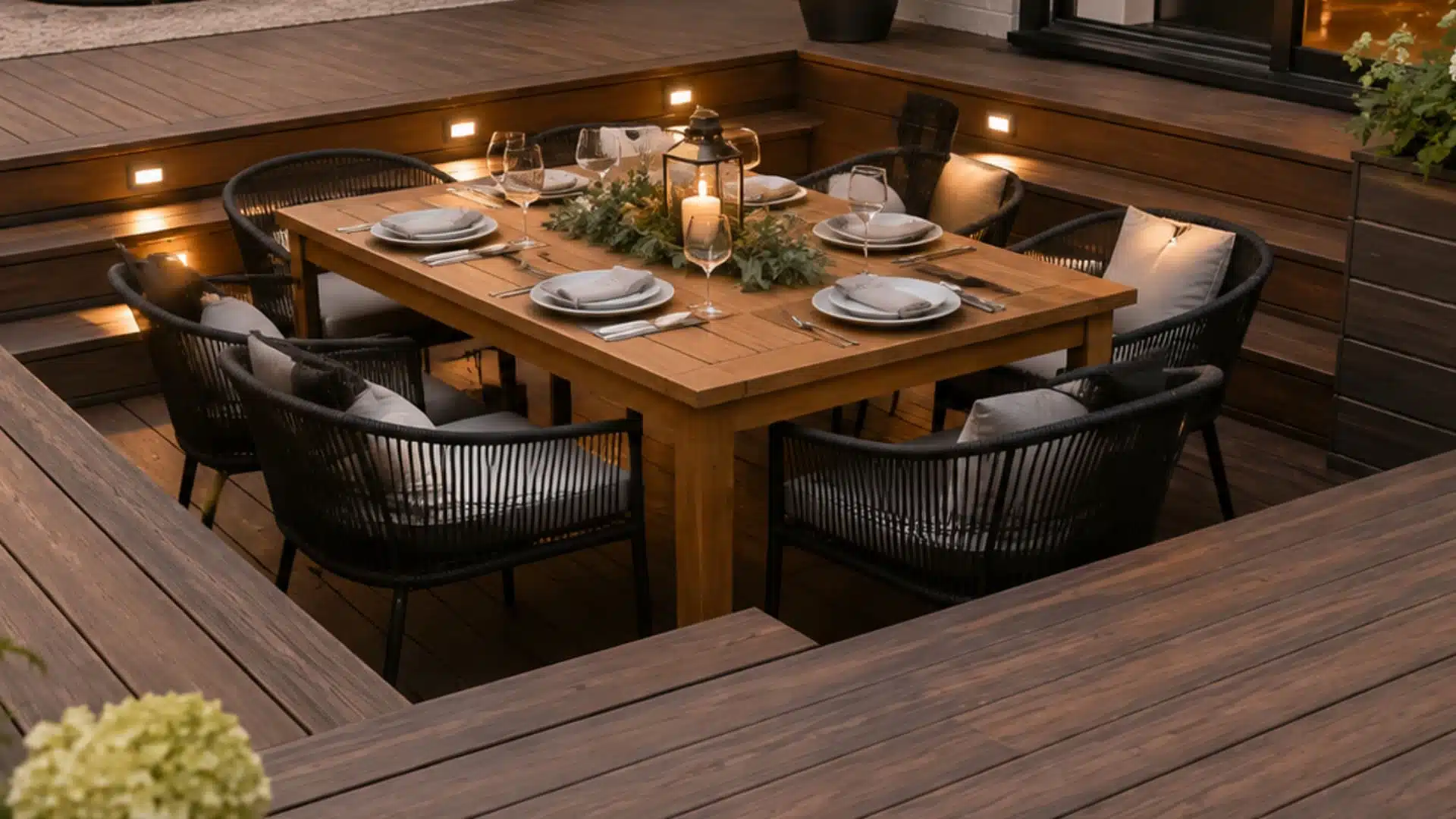 Sunken deck dining nook with one-step drop, wood table, chairs, and cozy lighting