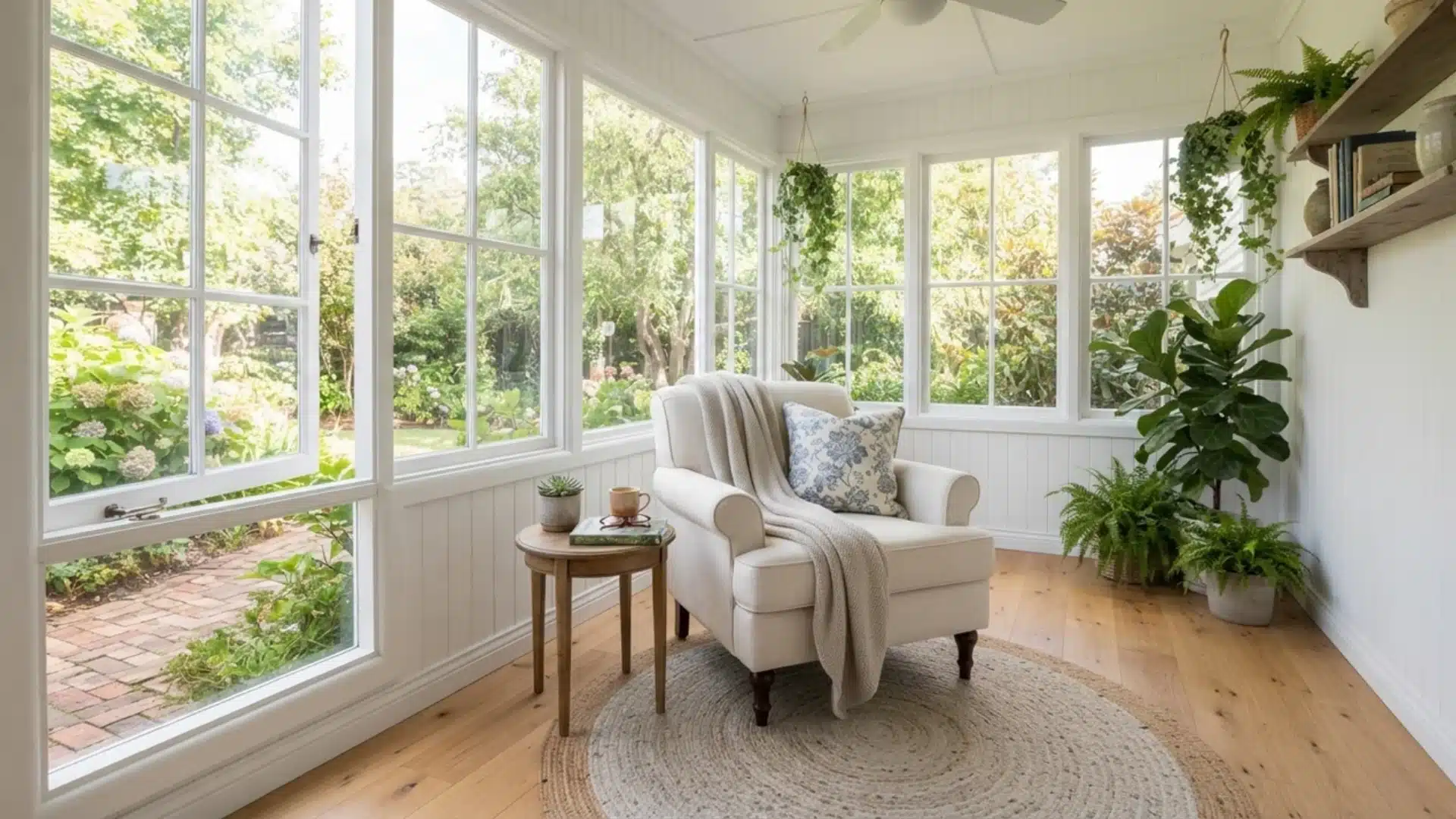 Bright sunroom reading nook with a plush armchair, potted plants, and large surrounding windows.