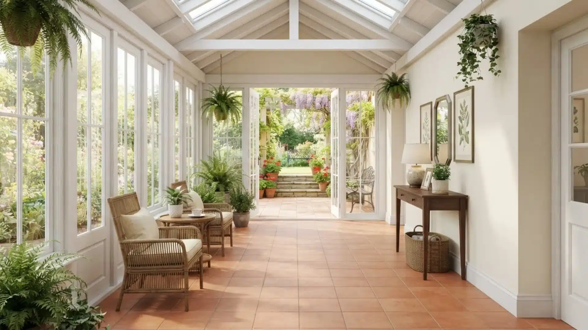 A sunroom with a clear, open central tiled path leading directly to open garden doors.