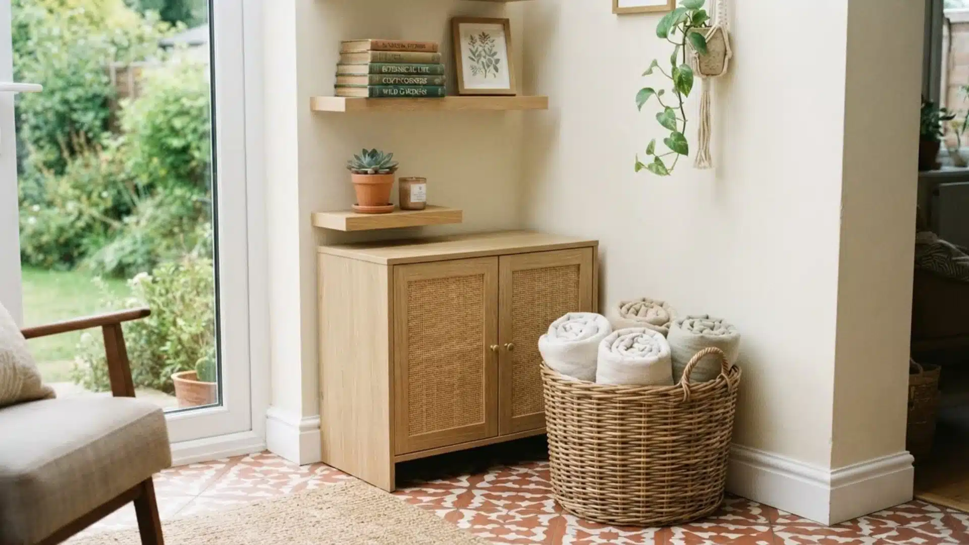 A bright sunroom corner with a wooden cane cabinet, floating shelves, and a blanket basket.