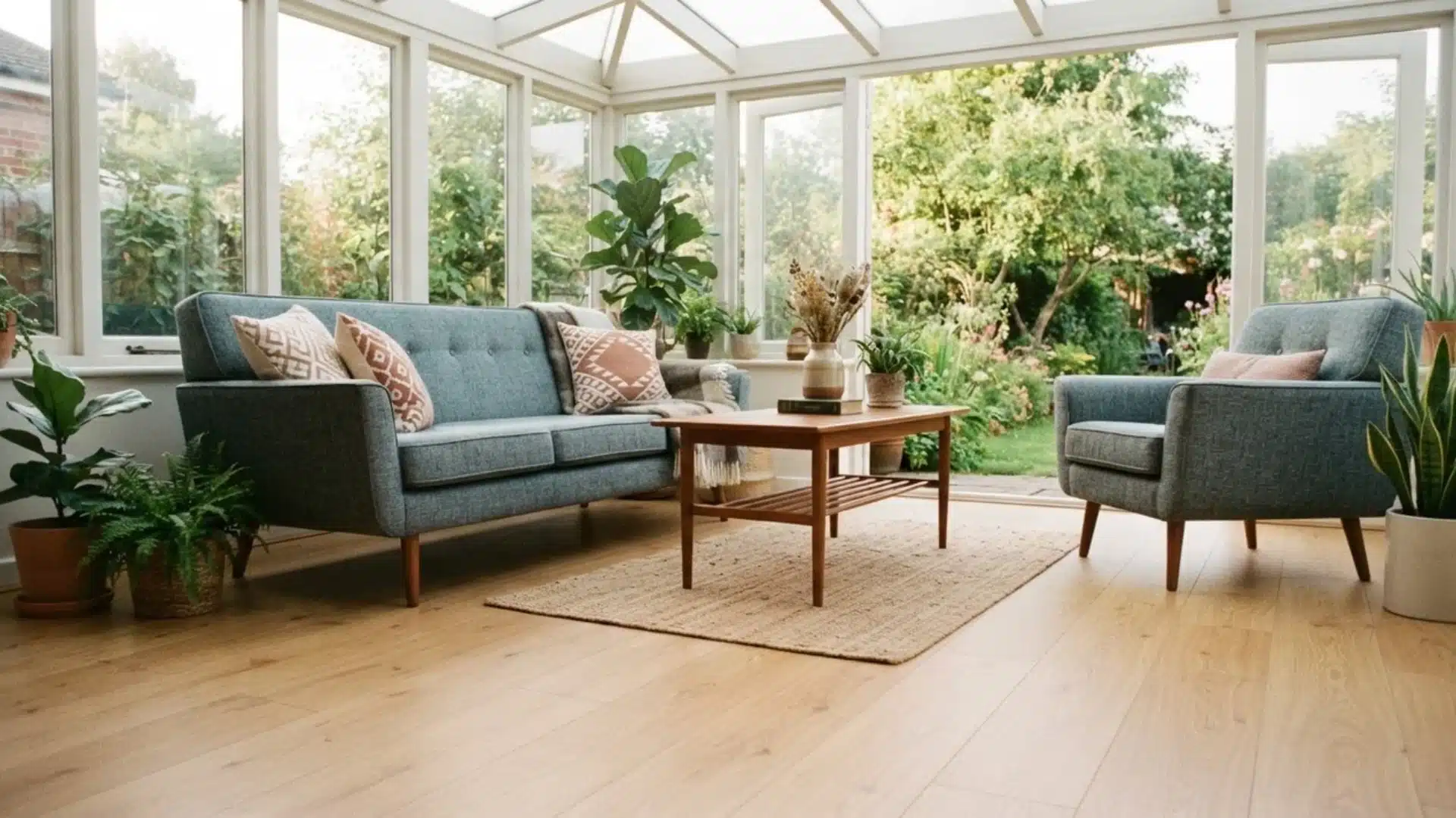 A sunroom living space featuring raised sofa and armchairs with visible, exposed wooden legs.