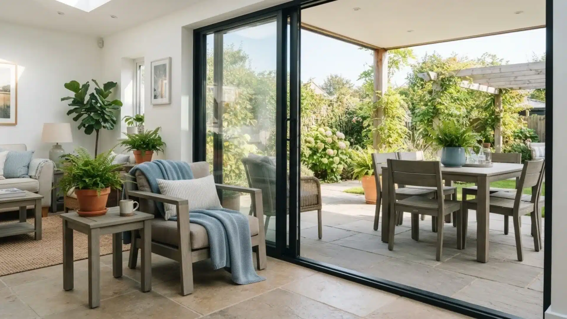 A sunroom opening through sliding doors onto a patio, connected by matching wooden furniture and greenery.