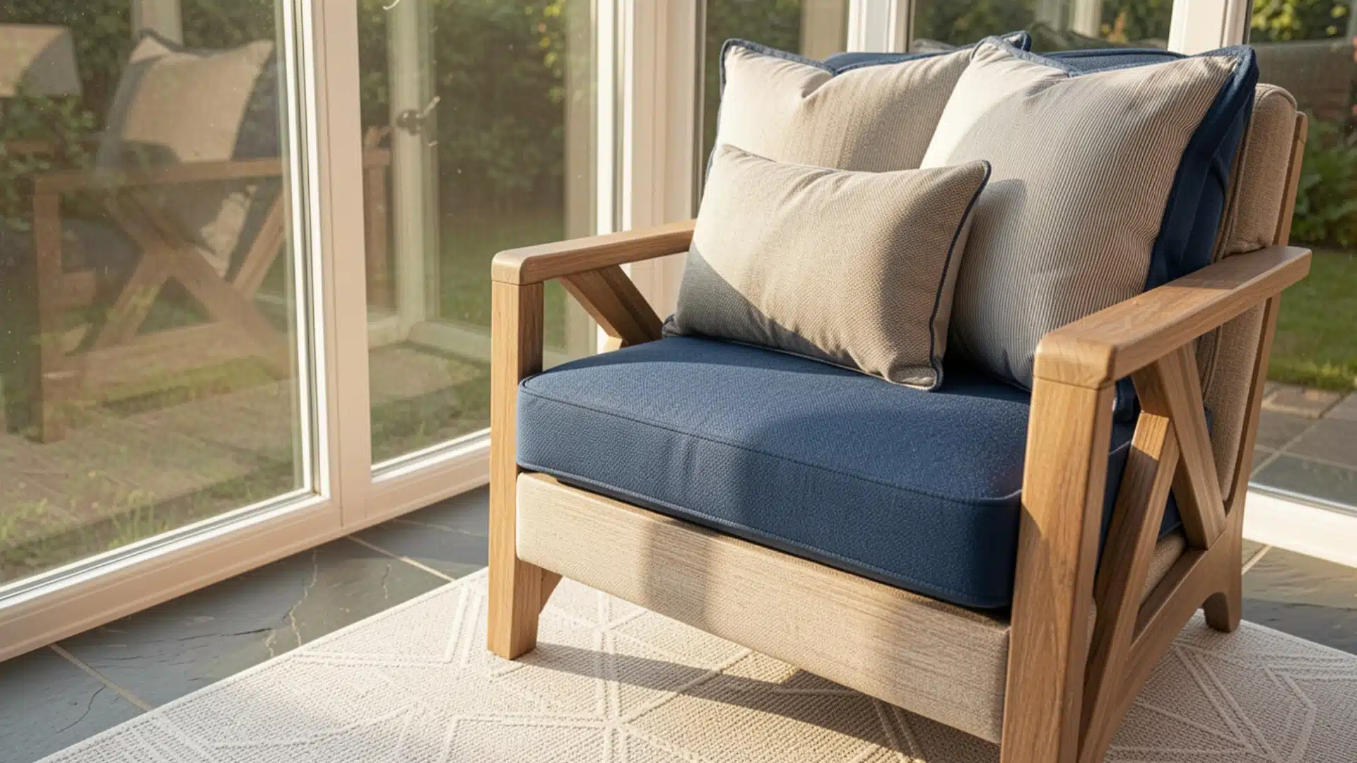 A sunroom wooden armchair fitted with durable blue cushions, outdoor accent pillows, and a patterned rug.