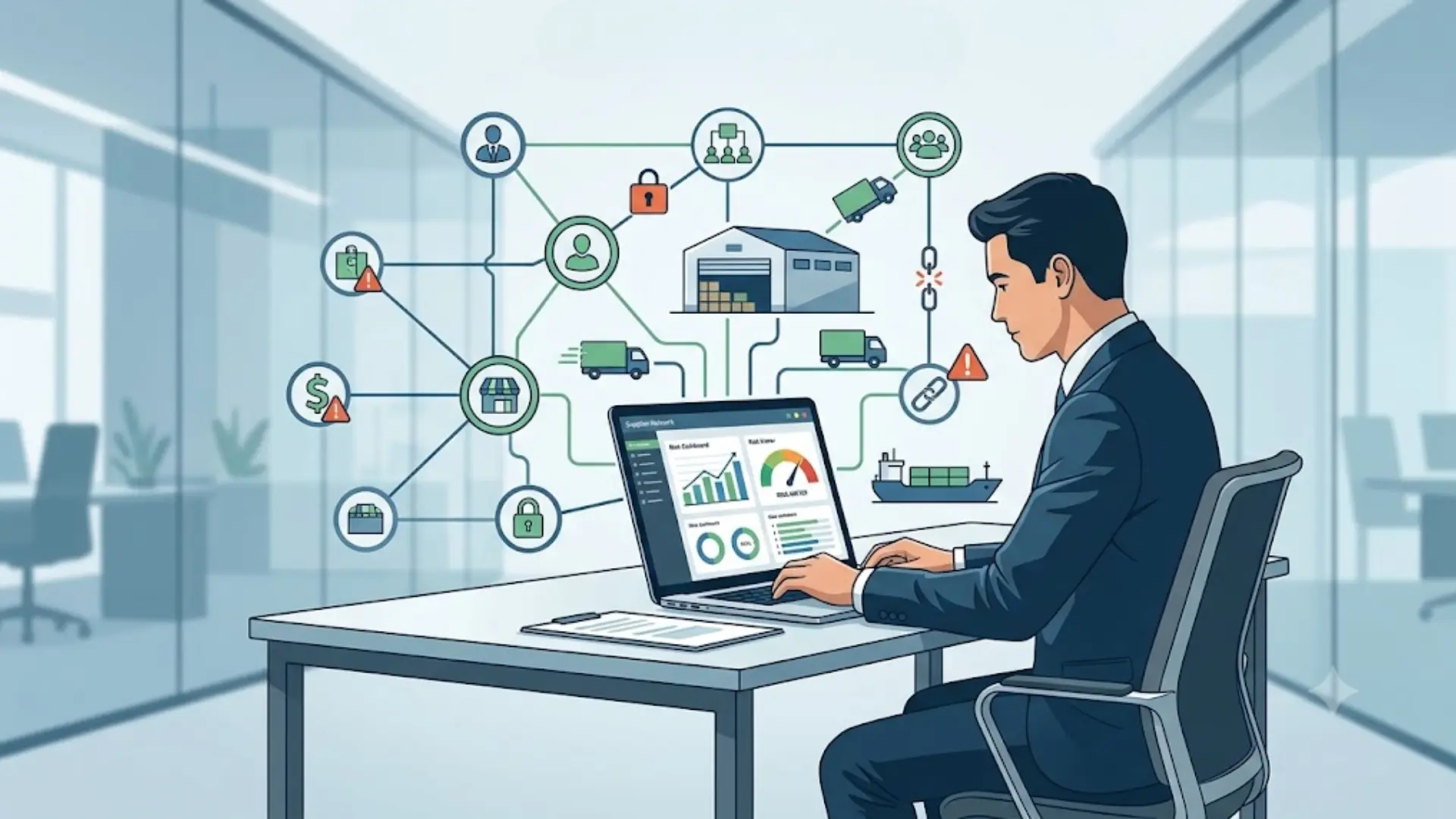 Supplier risk management illustration showing vendor connections, risk indicators, and monitoring dashboard
