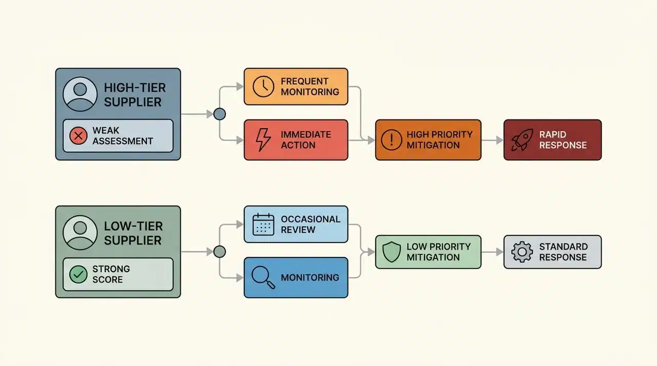 Supplier risk response diagram linking supplier tier and risk score to monitoring and action levels
