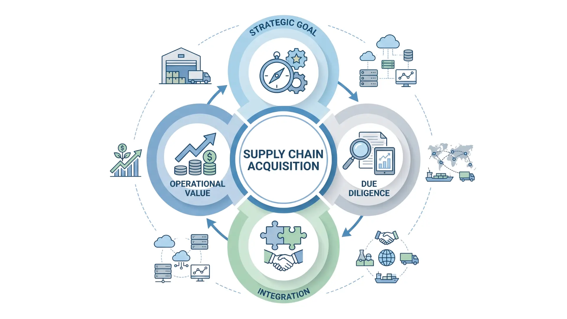 Circular infographic showing supply chain acquisition stages, including strategic goals, due diligence, integration, and operational value.
