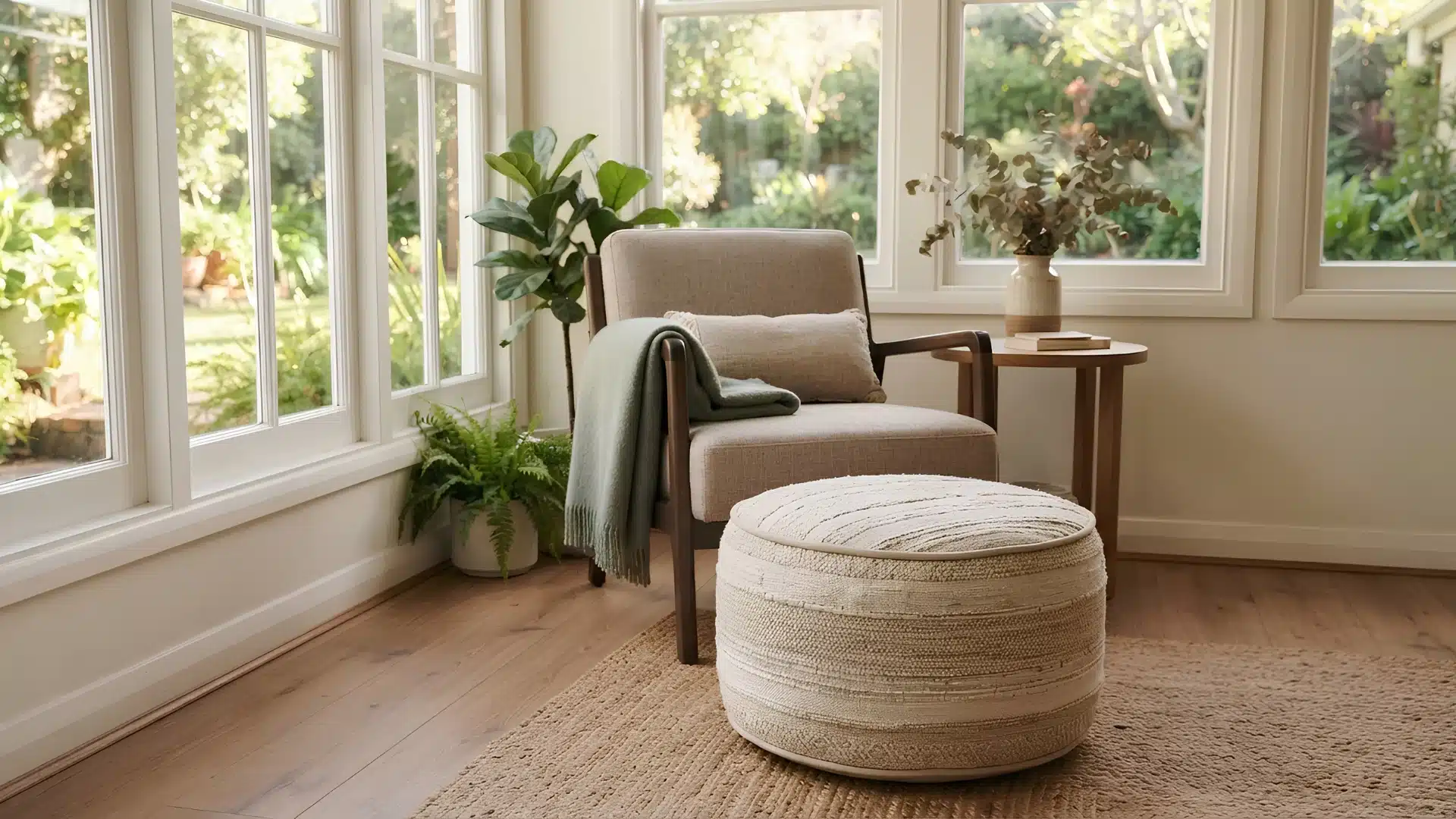 round upholstered pouf placed in front of a sunroom armchair