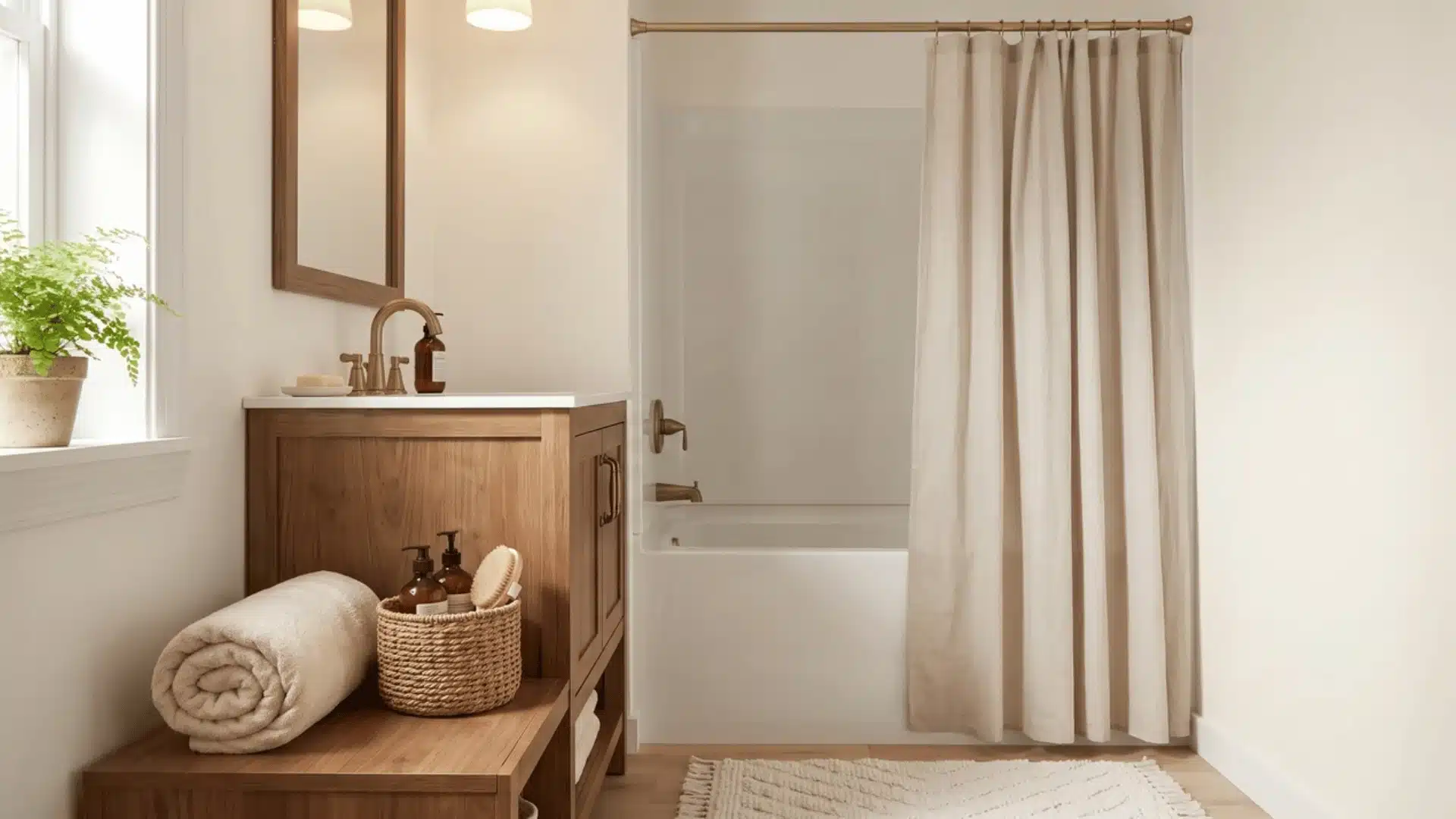 Small bathroom with cream white walls, wood vanity, bathtub, and woven toiletry basket