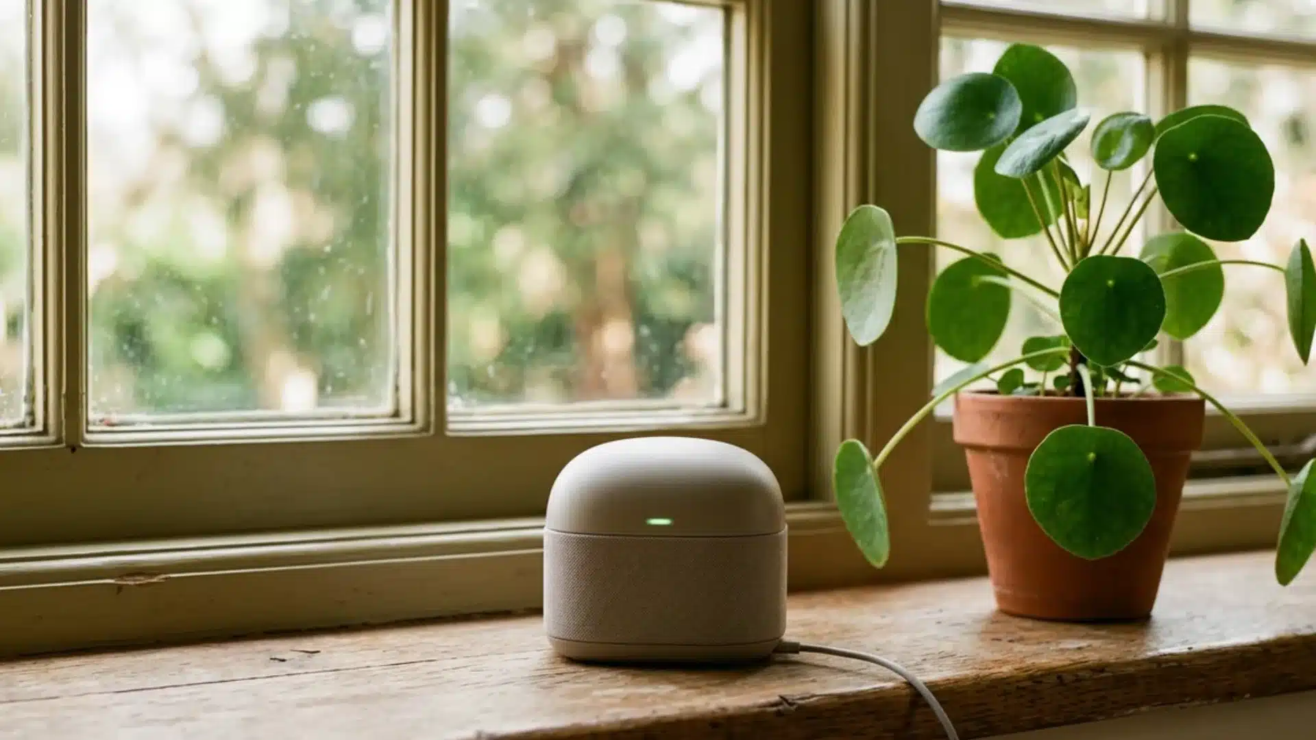 Compact smart hub device on a windowsill near a houseplant