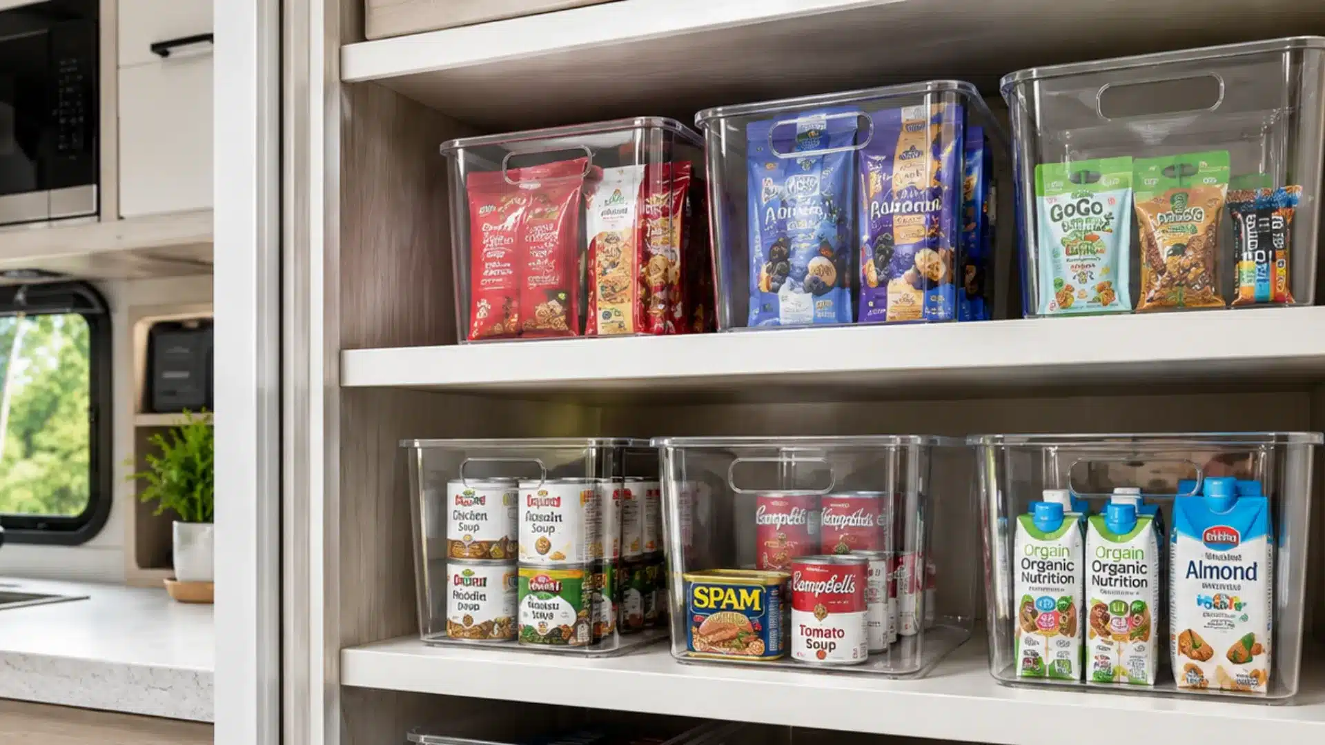 Tall clear pantry bins organizing snacks, cans, and cartons inside a compact RV kitchen