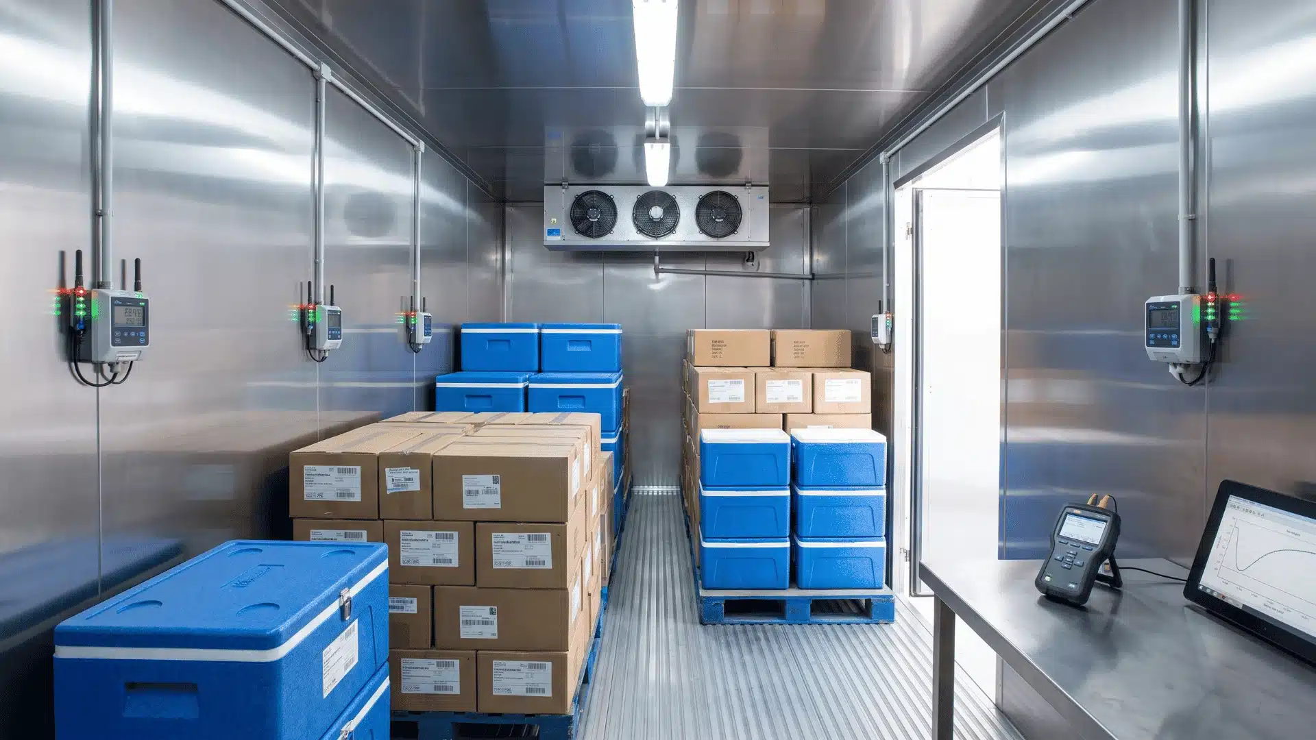 Temperature sensors monitoring refrigerated goods in a cold chain logistics system.