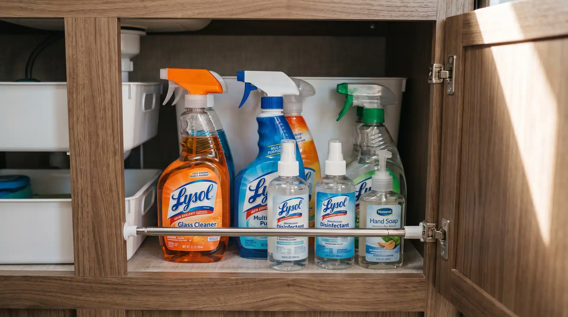 Tension rod holding cleaning bottles upright inside an RV sink cabinet