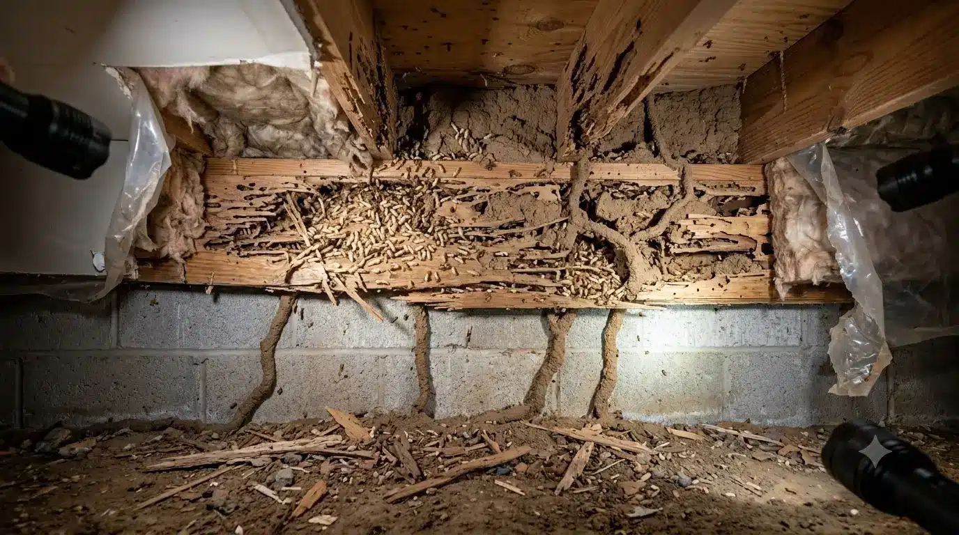 Damaged wooden beams with termite infestation in dimly lit crawl space