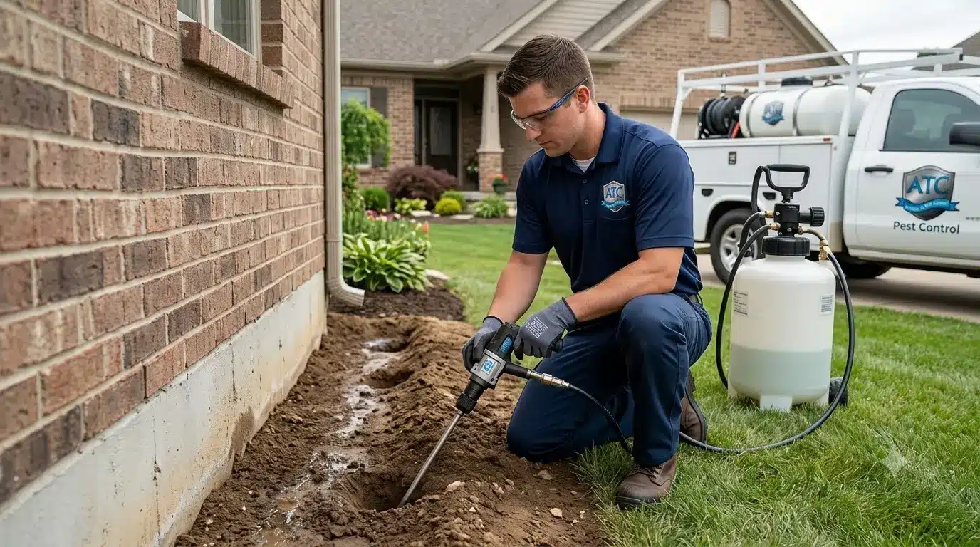 Pest control technician applying treatment near brick house with equipment on lawn