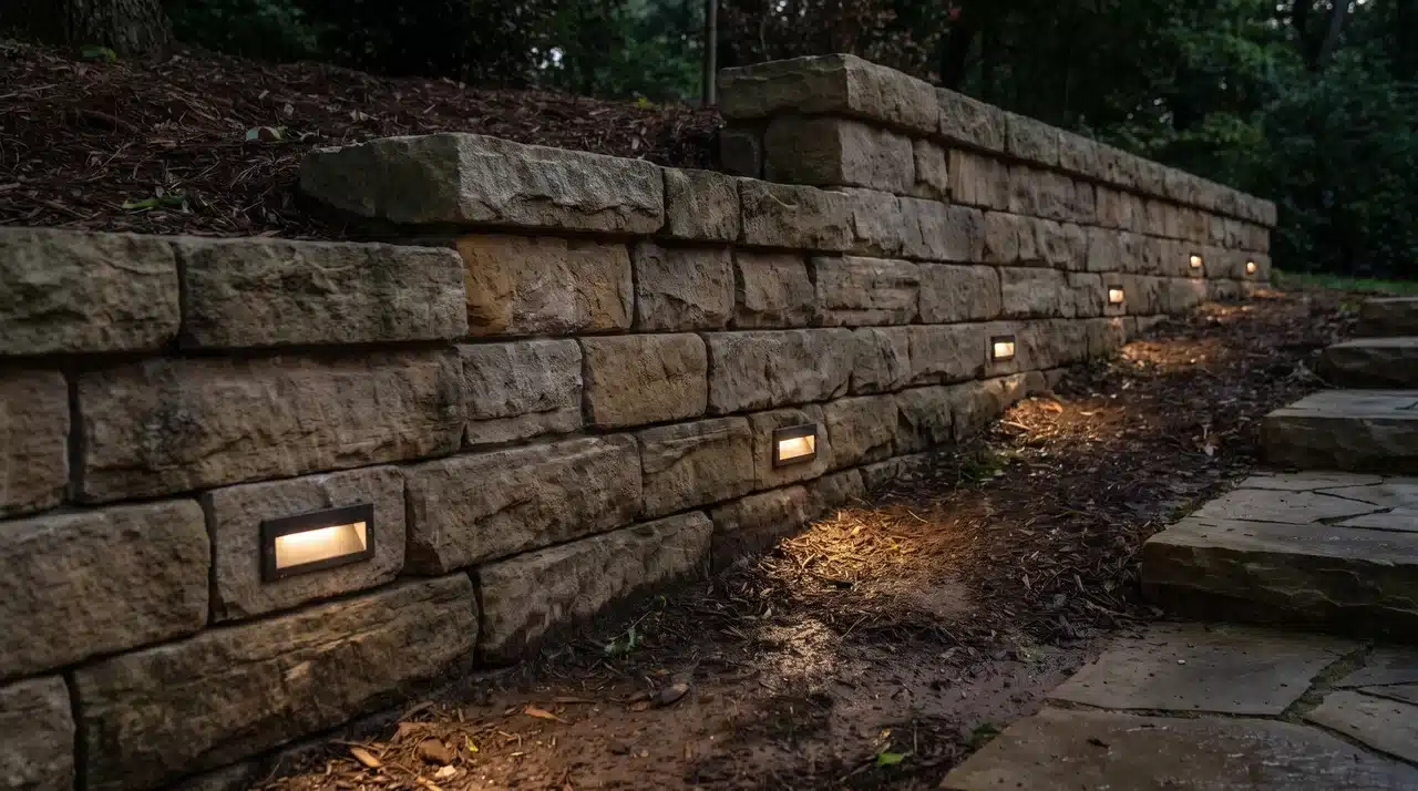 Textured retaining wall with low-voltage LED fixtures set into the wall face