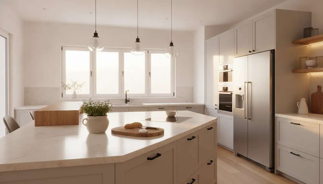 Modern kitchen with marble countertops, stainless steel appliances, and pendant lighting in natural light