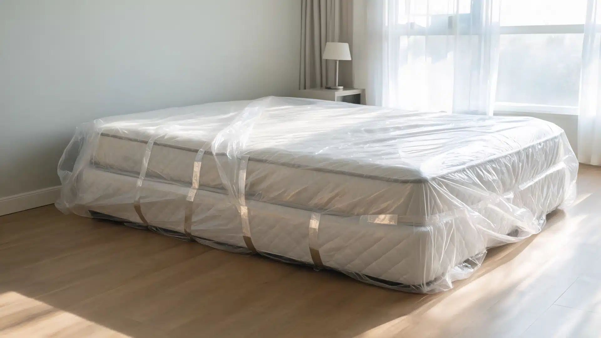 mattress wrapped in protective plastic lying on a wooden bed frame in a bright bedroom with sunlight streaming through a window