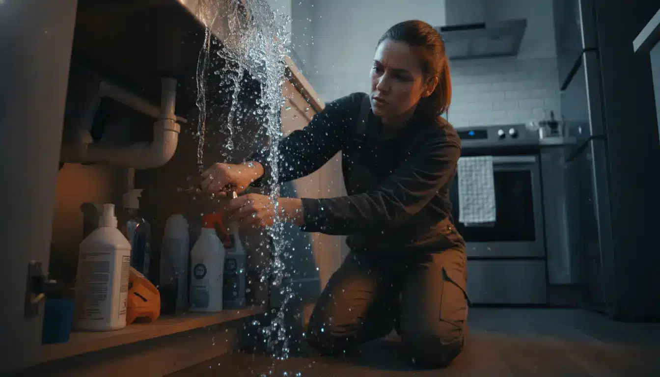Water leaking from pipe under sink as person tries to fix it in modern kitchen