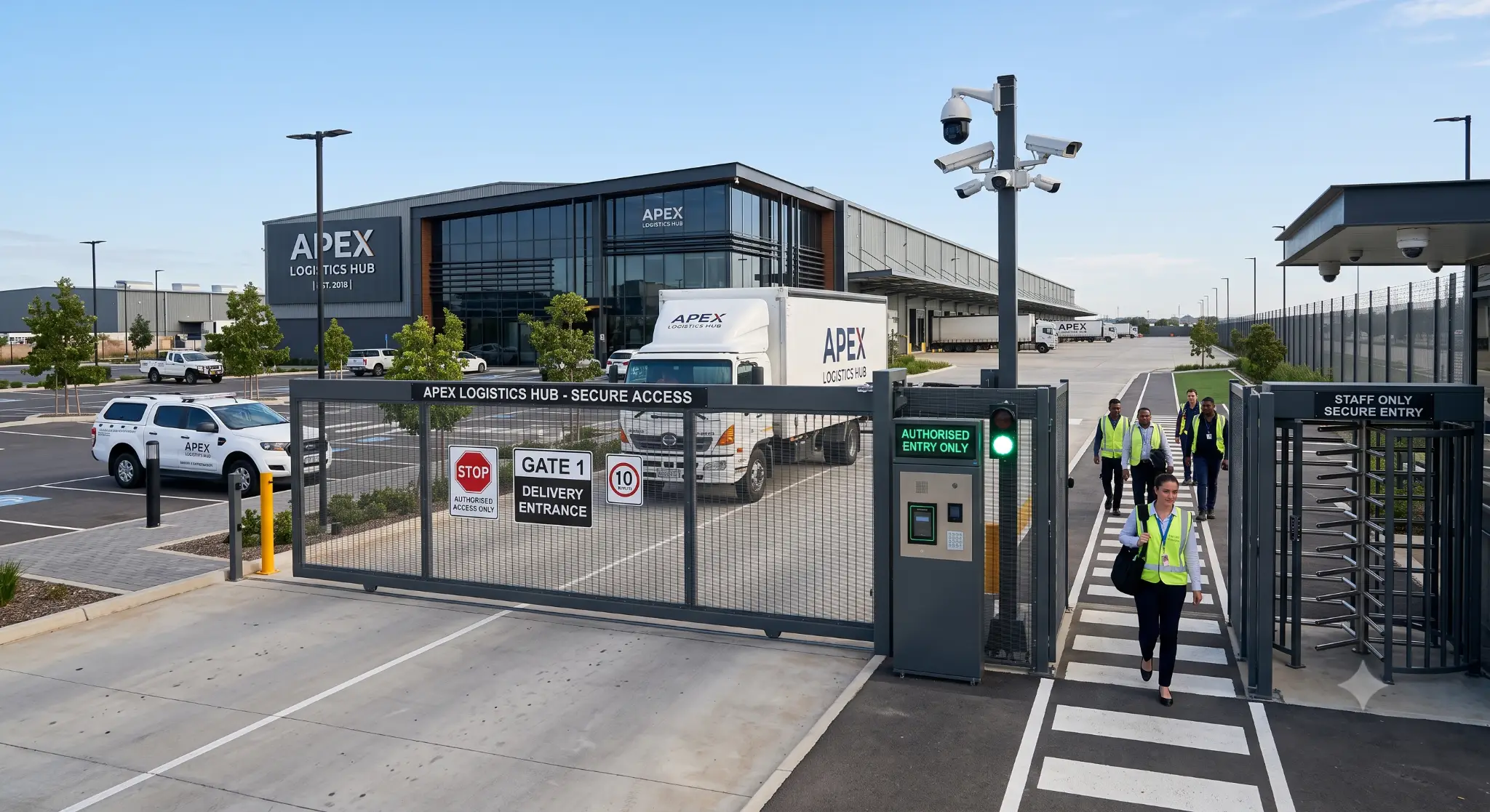 Gate entrance of logistics hub with security staff walking, trucks parked in background