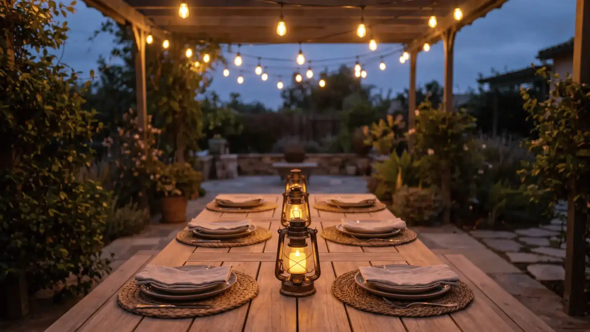 Three small lanterns spaced evenly along an outdoor dining table