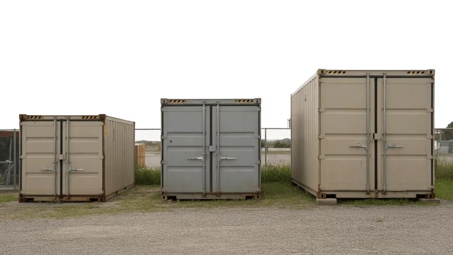 Three storage containers in small, medium, and large sizes placed side by side in a yard.