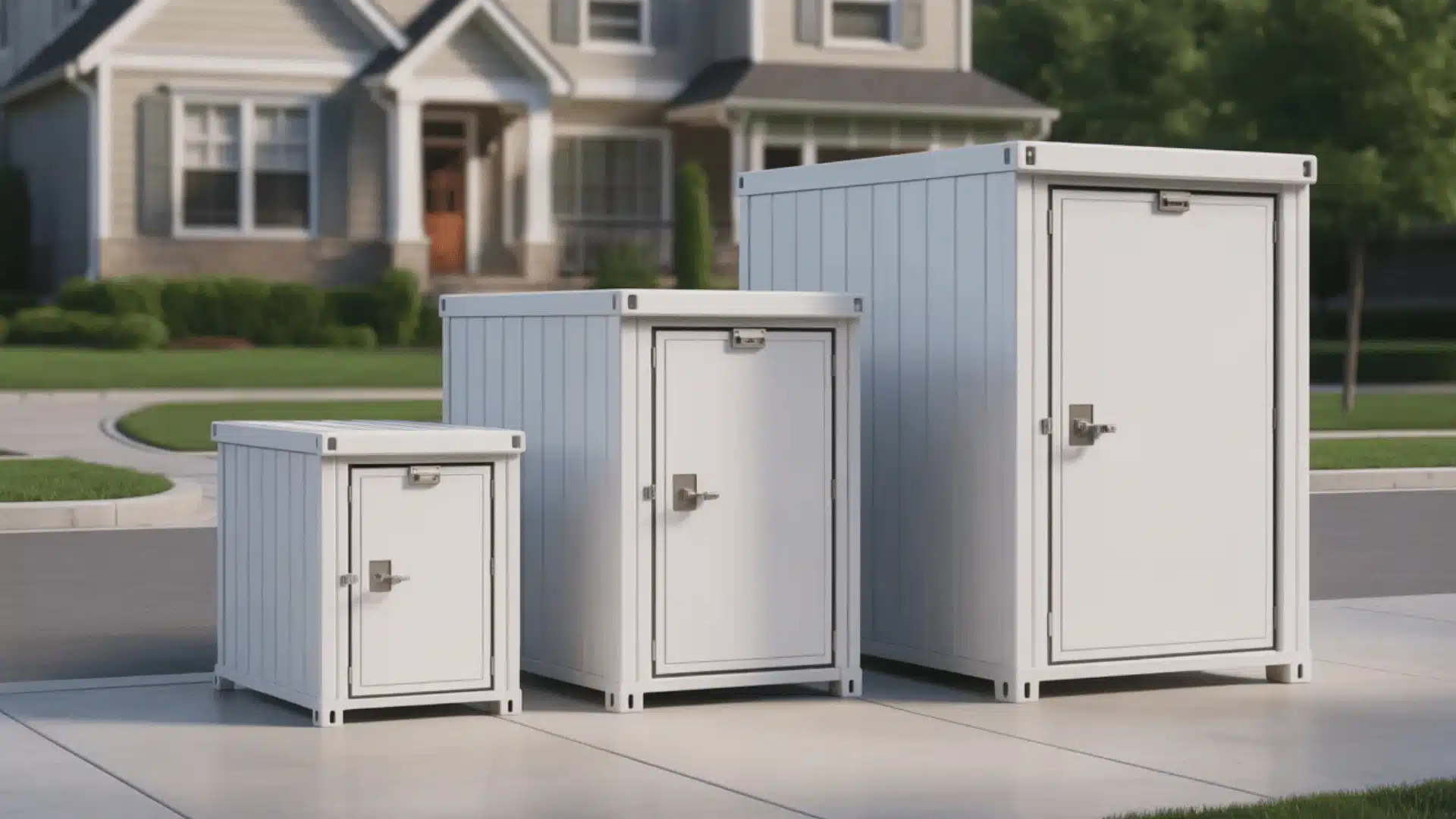 Three storage containers of different sizes placed on a driveway in front of a house.