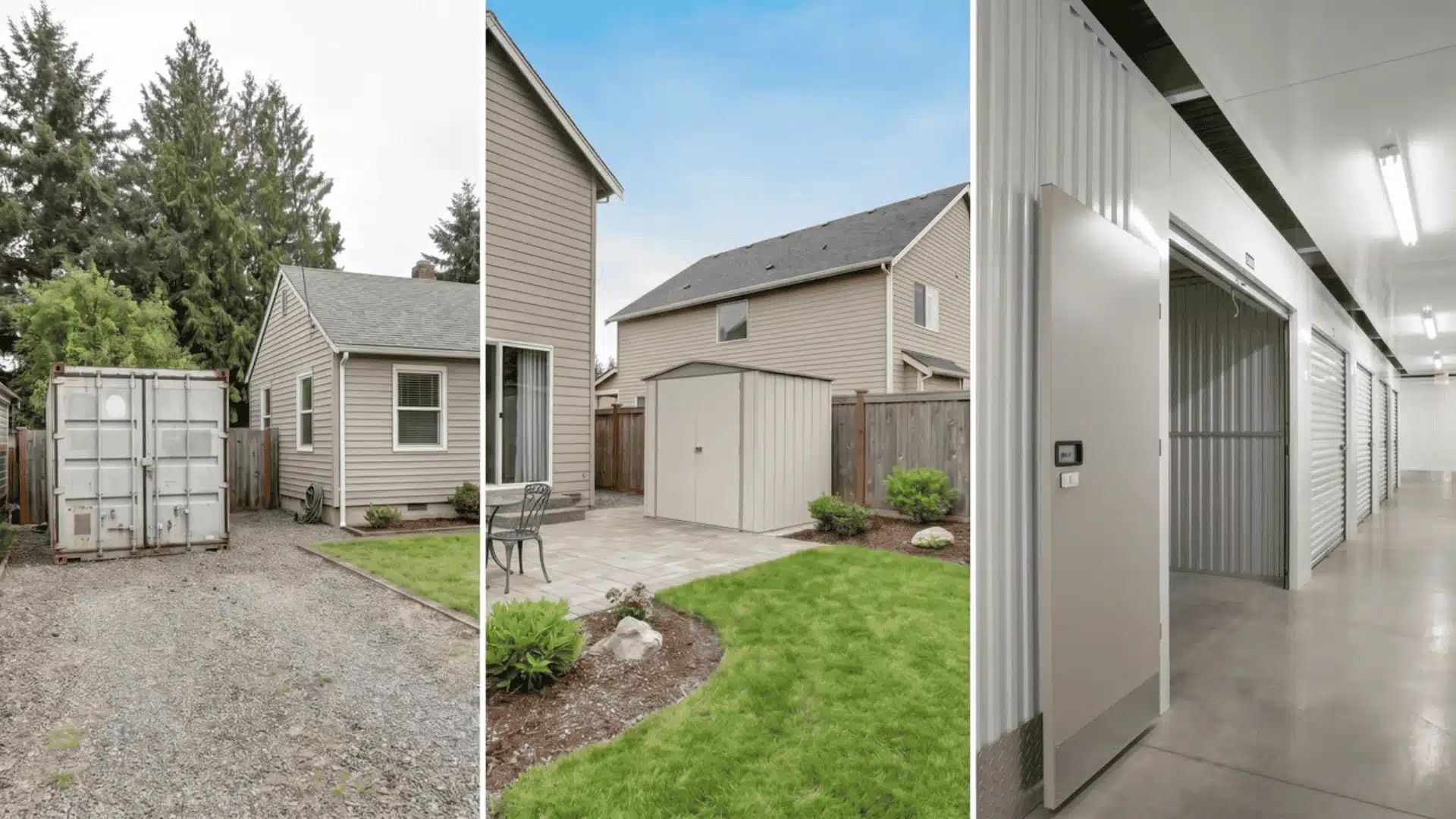 Three storage containers shown in driveway, suburban yard, and indoor storage facility settings.