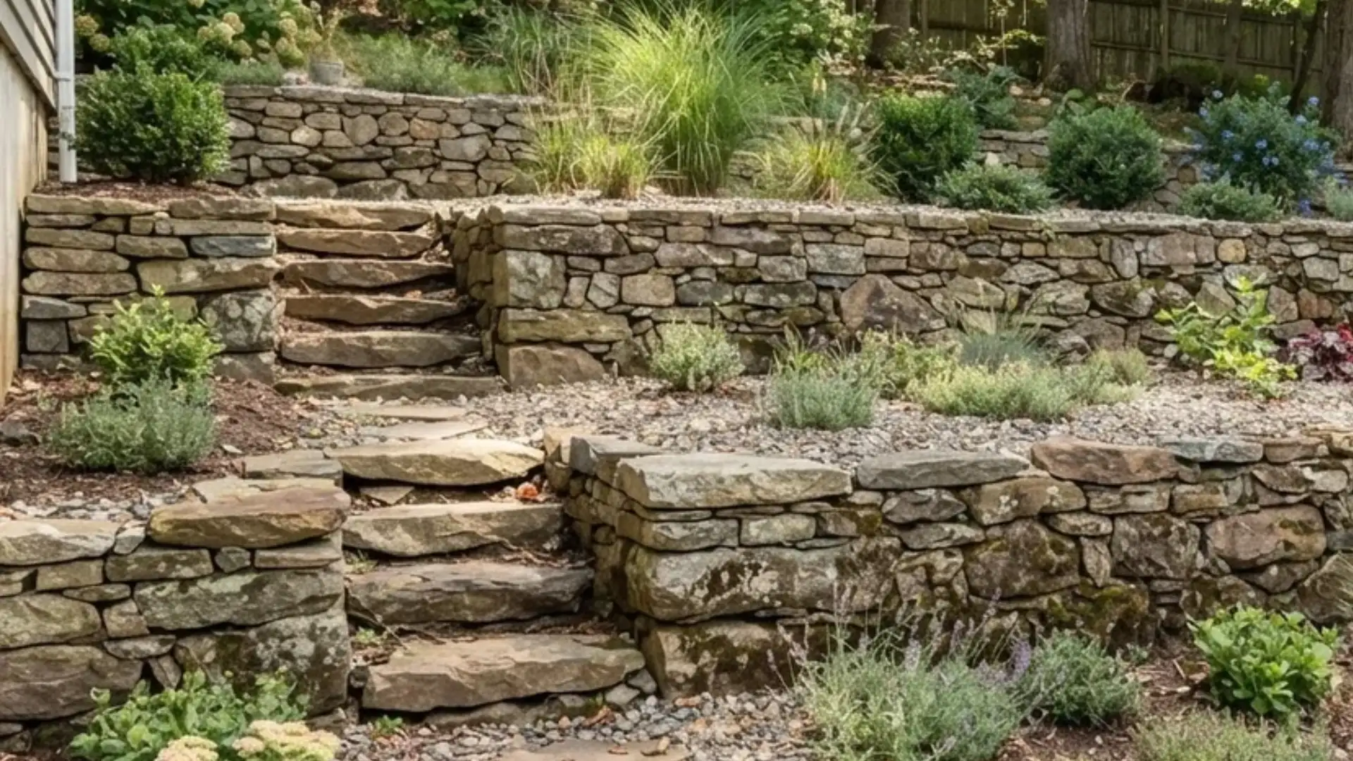 Tiered rock garden built into a sloped backyard using flat stone terraces and gravel