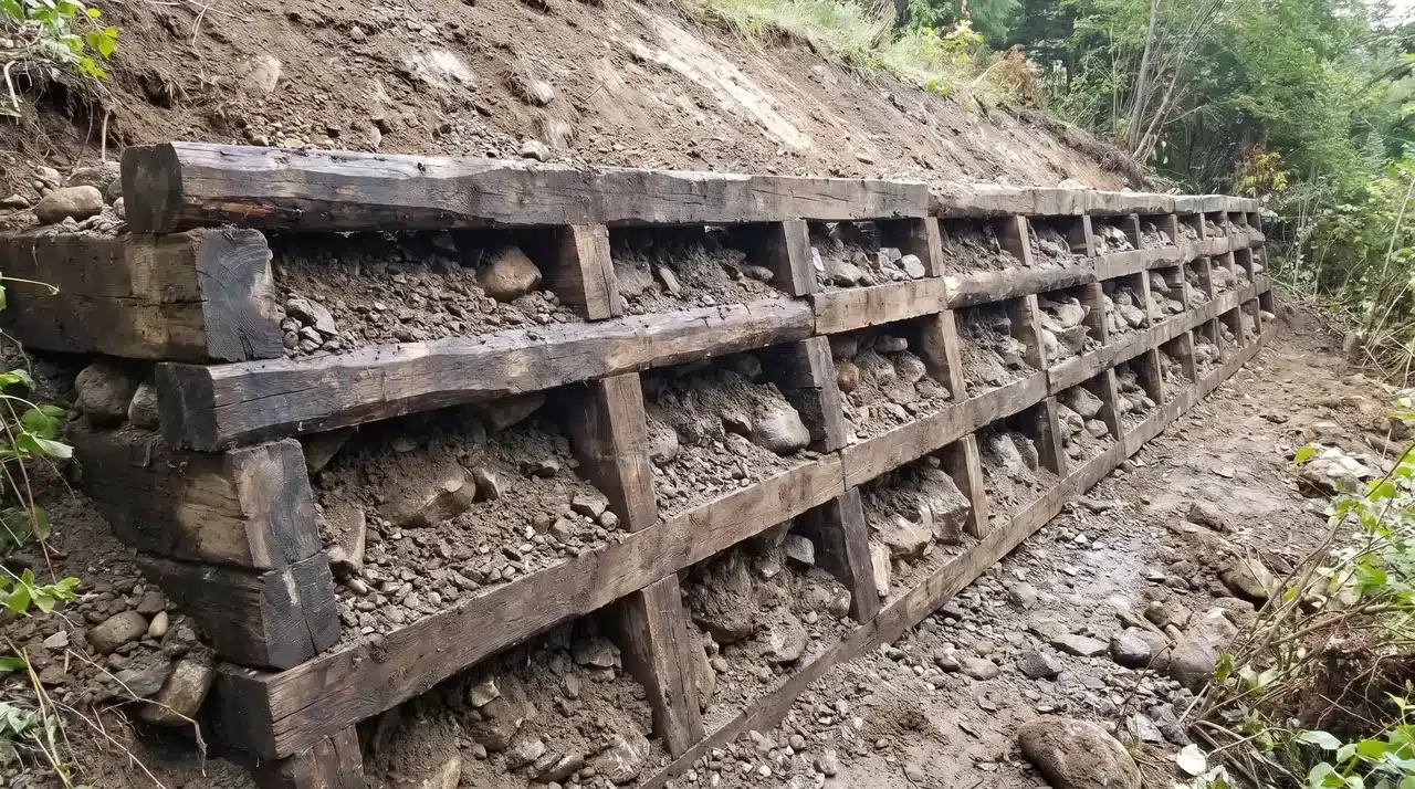 Timber crib retaining wall with repeating cells filled with soil and rock.