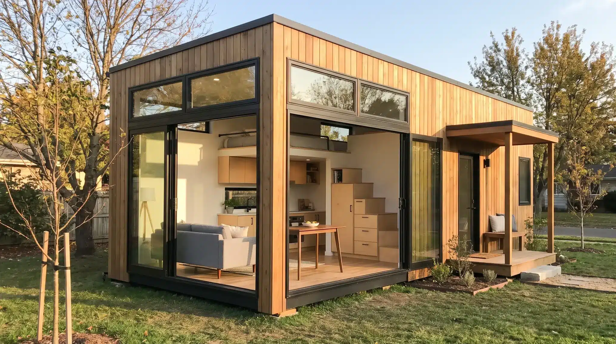 Modern tiny home with open floor plan, loft bedroom, compact kitchen, built-in storage, and covered porch in a realistic outdoor setting