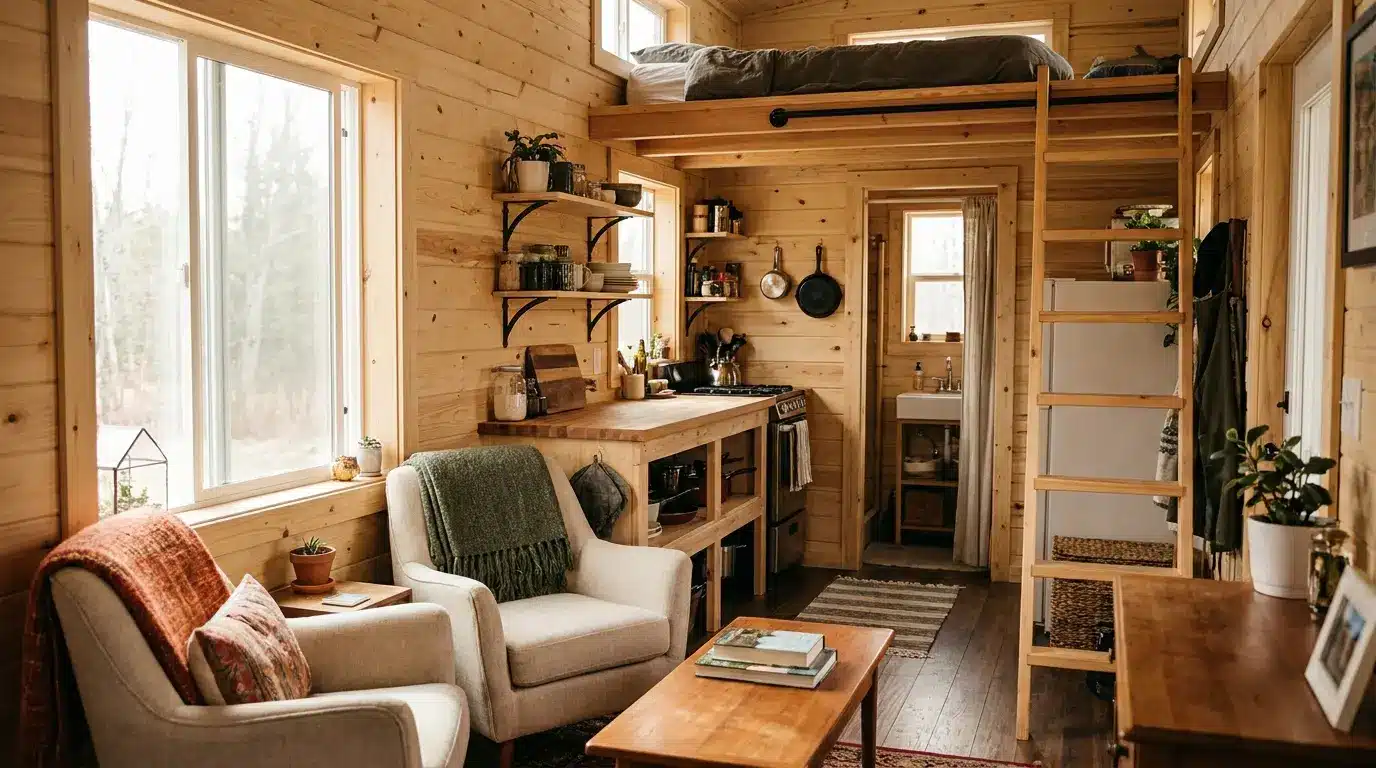 Cozy tiny home interior with open living area, kitchen, and loft
