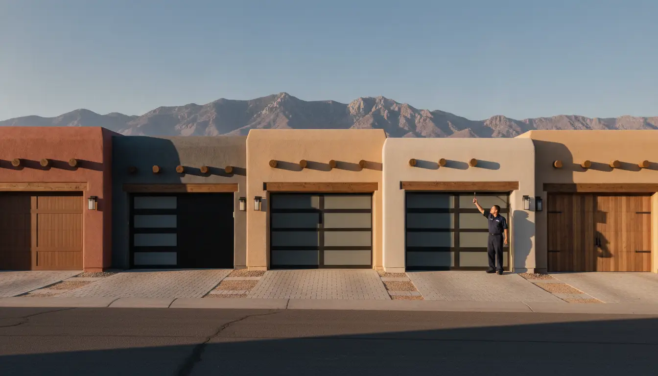Row of colorful modern garages with wooden accents and man standing outside in desert setting