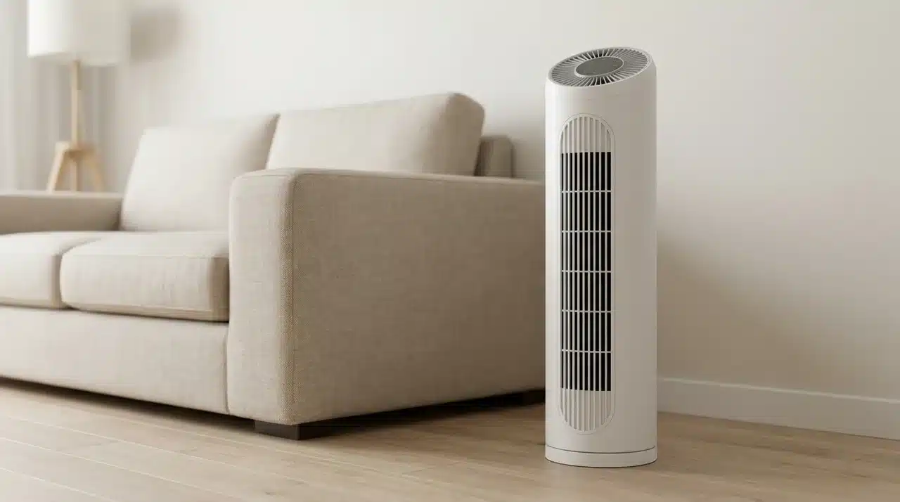 White tower air purifier standing on the floor in a living room near a sofa