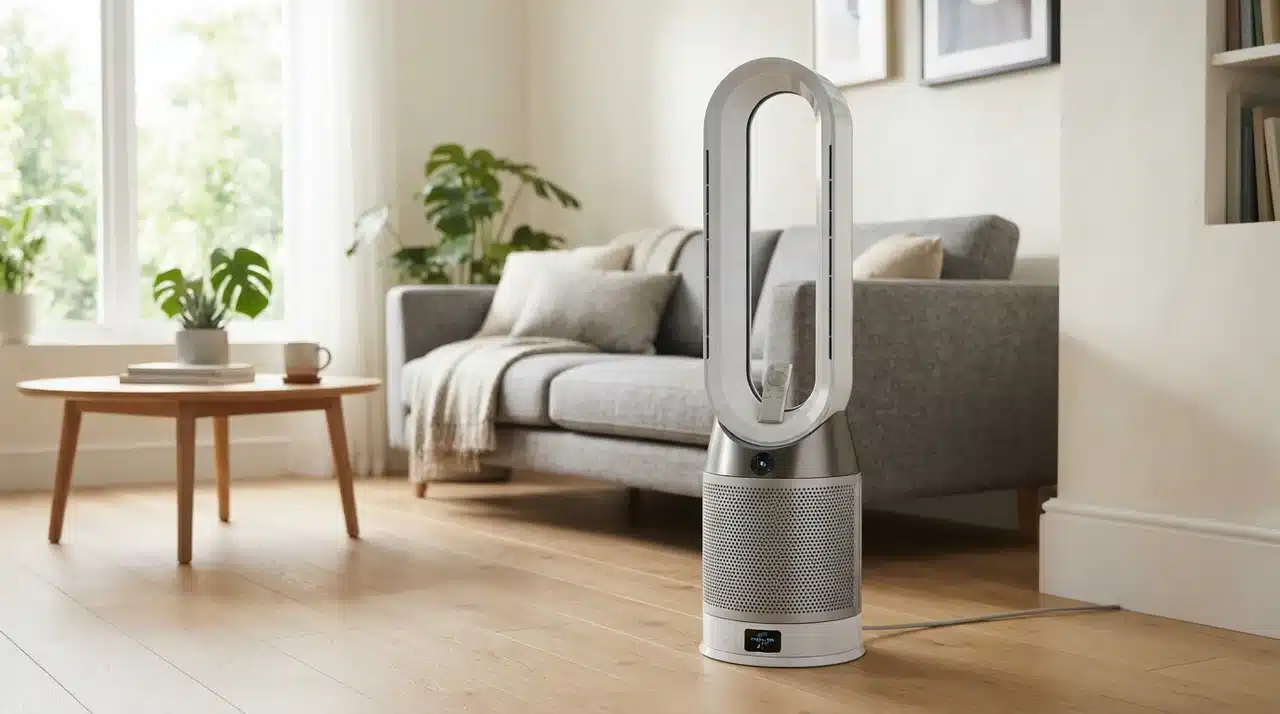 Tower air purifier with loop head and small digital air quality display in a living room