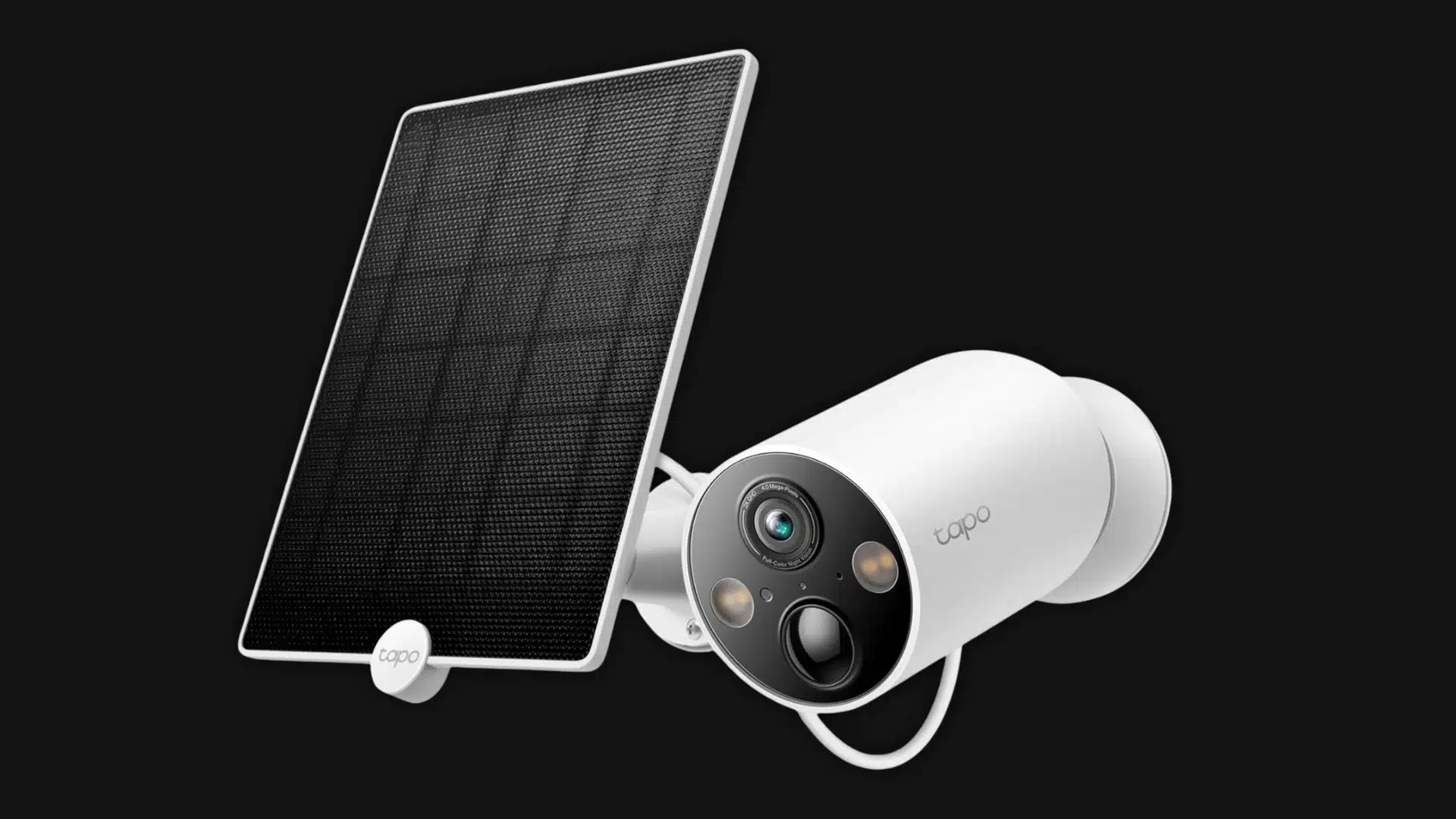 White Tapo solar-powered security camera with attached solar panel on a dark background.