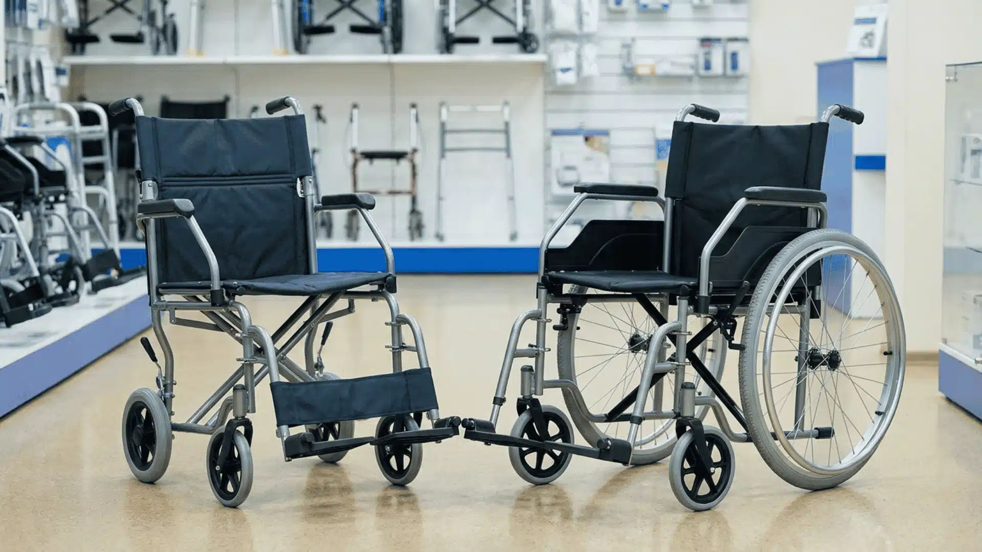 Transport chair and wheelchair side by side showing different wheel sizes and designs