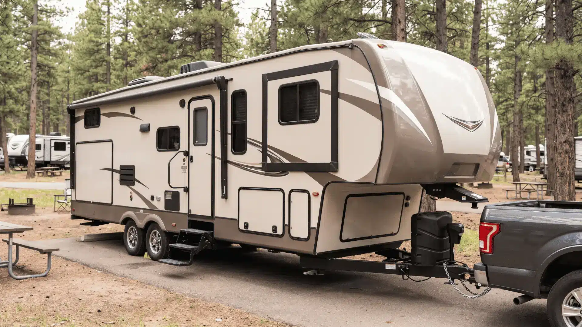 Travel trailer with a slide-out connected to a suitable tow vehicle at a campground.