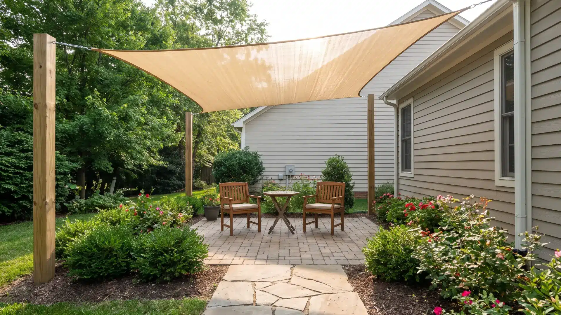 Triangular shade sail positioned above a compact seating area on a small backyard patio with clear walkways