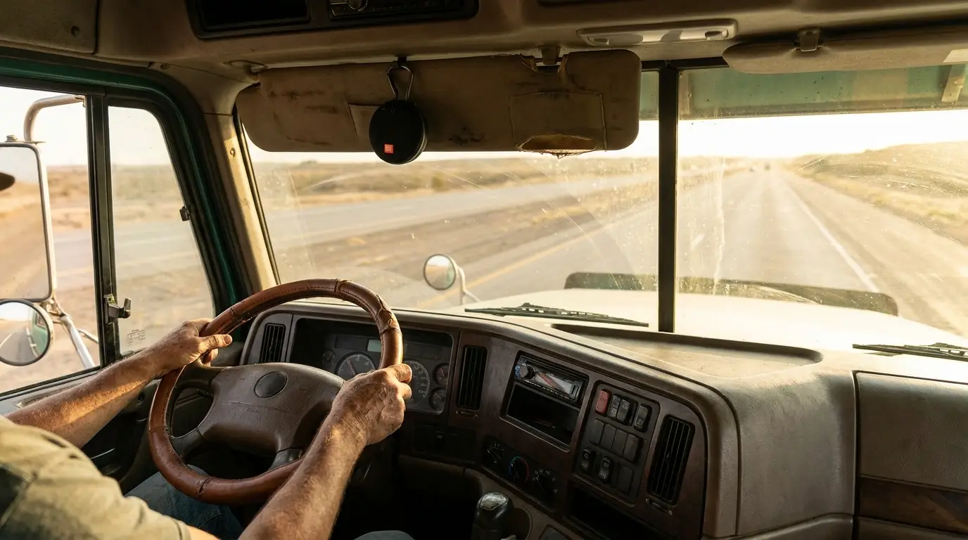 Truck driver steering down empty highway in warm sunlight inside vehicle cab