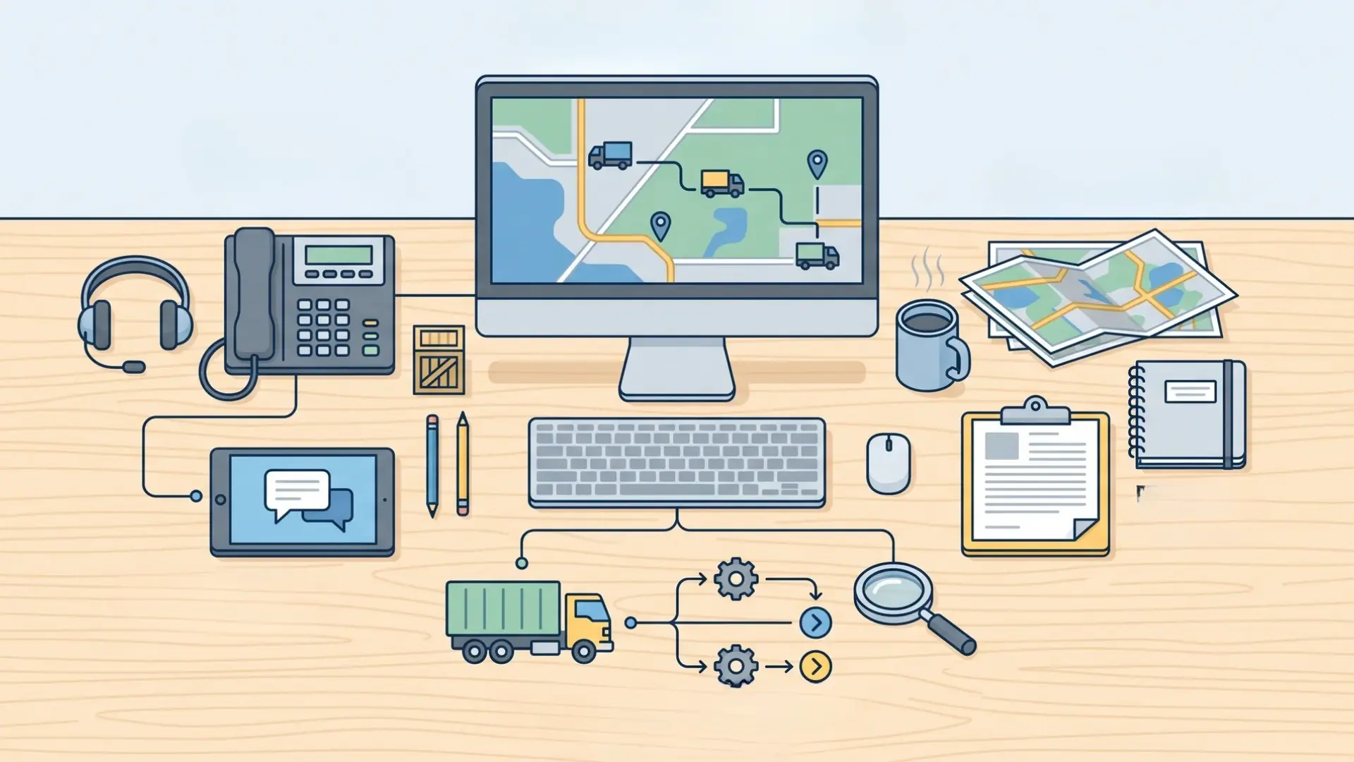 Illustration showing truck dispatcher duties, logistics tools, and career preparation