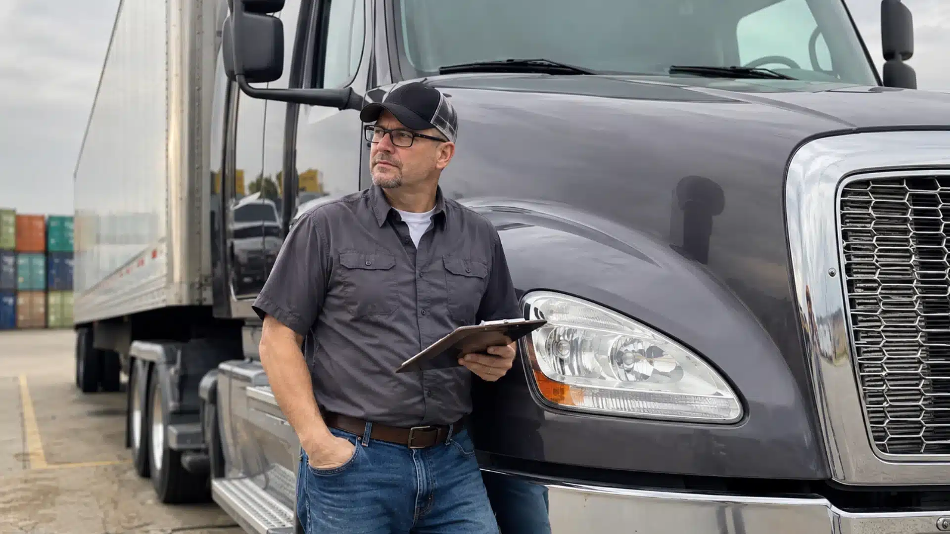Owner-operator truck driver standing beside a semi truck with clipboard at a freight yard