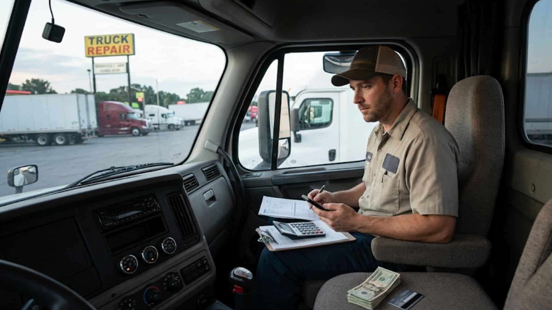 Truck driver sitting inside a semi-truck cab, using a calculator and reviewing financial paperwork with a