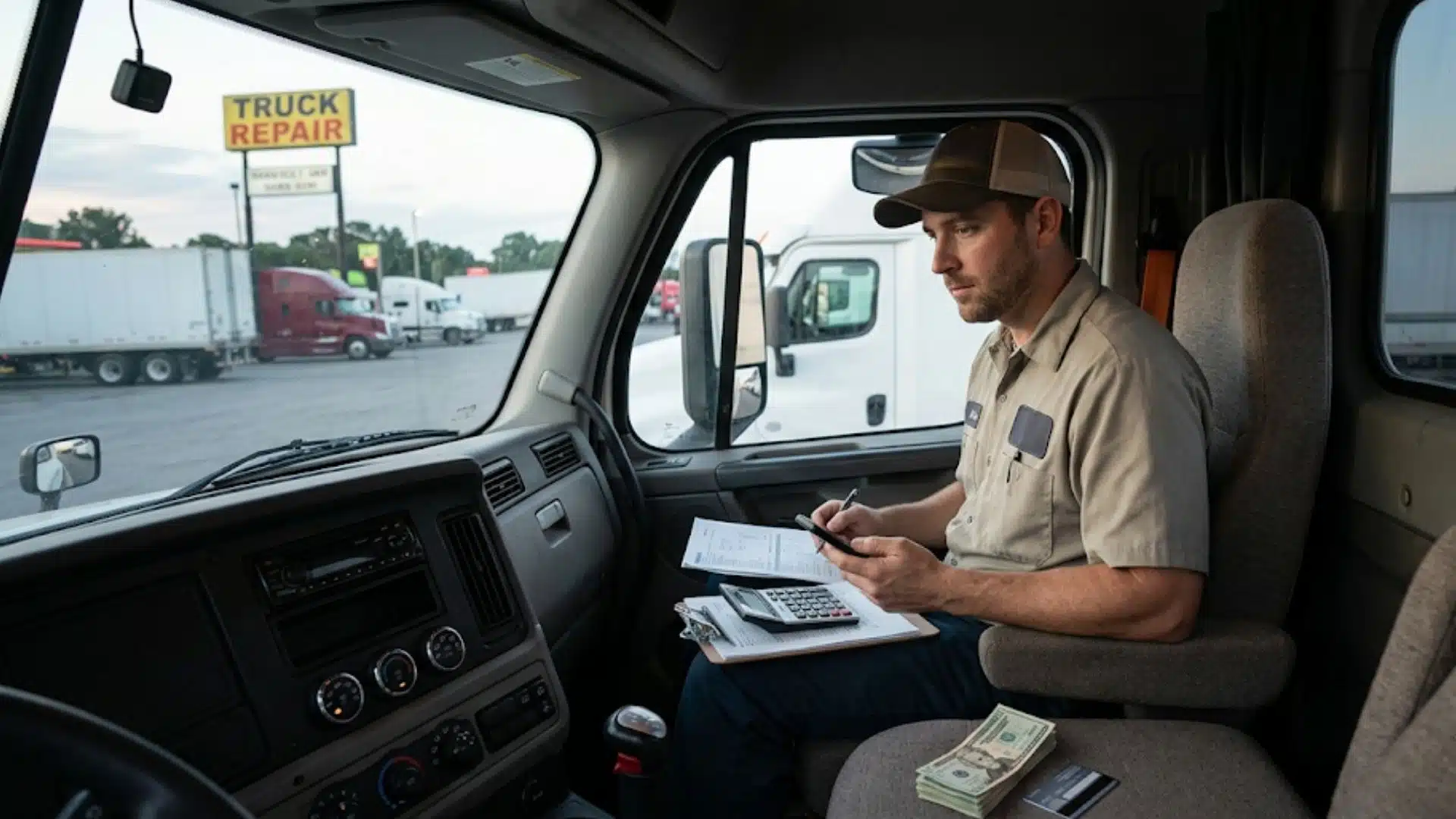 Truck driver sitting inside a semi-truck cab, using a calculator and reviewing financial paperwork with a