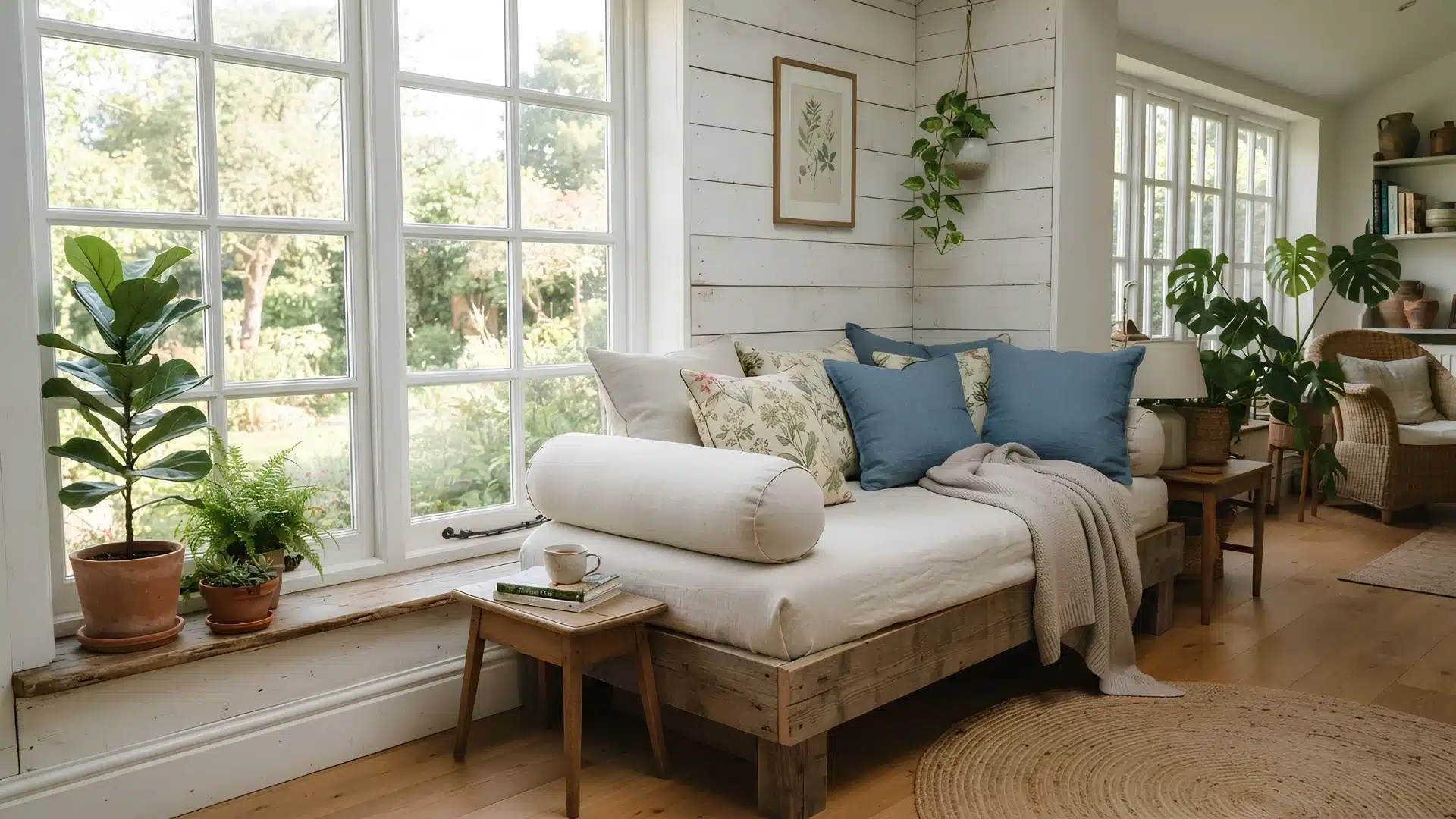 daybed with cushions positioned against a sunroom wall near a window