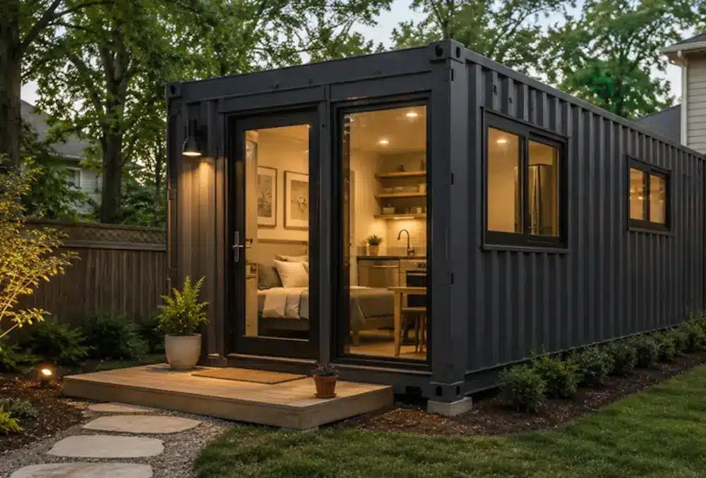 Modern shipping container home with large windows and landscaped garden in the evening light