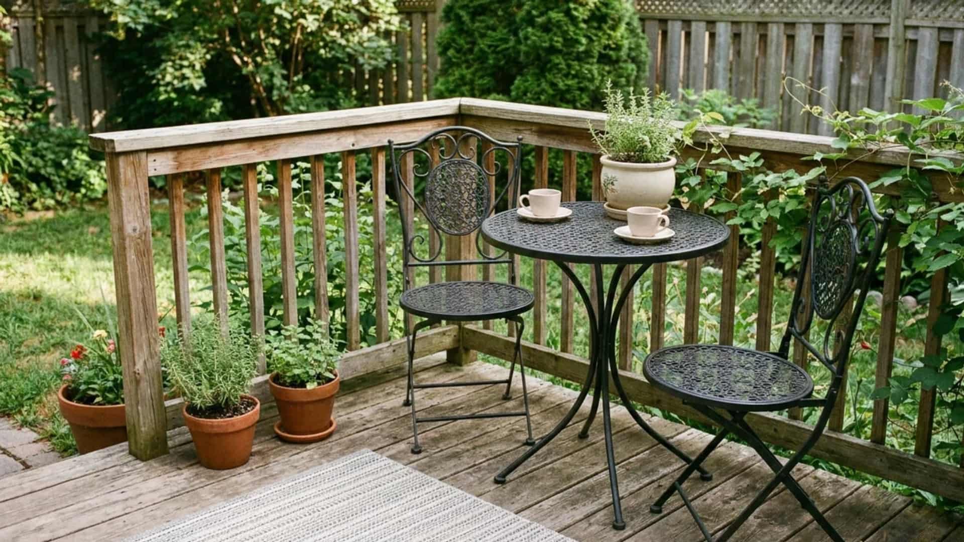 Two-person bistro table and chairs on a small outdoor wood deck